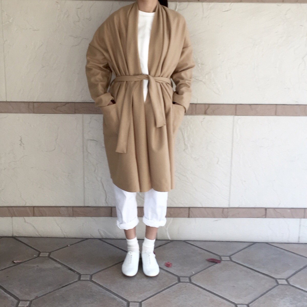 受注製作 圧縮ウールニットのローブガウンコート キャメルベージュ Iichi ハンドメイド クラフト作品 手仕事品の通販