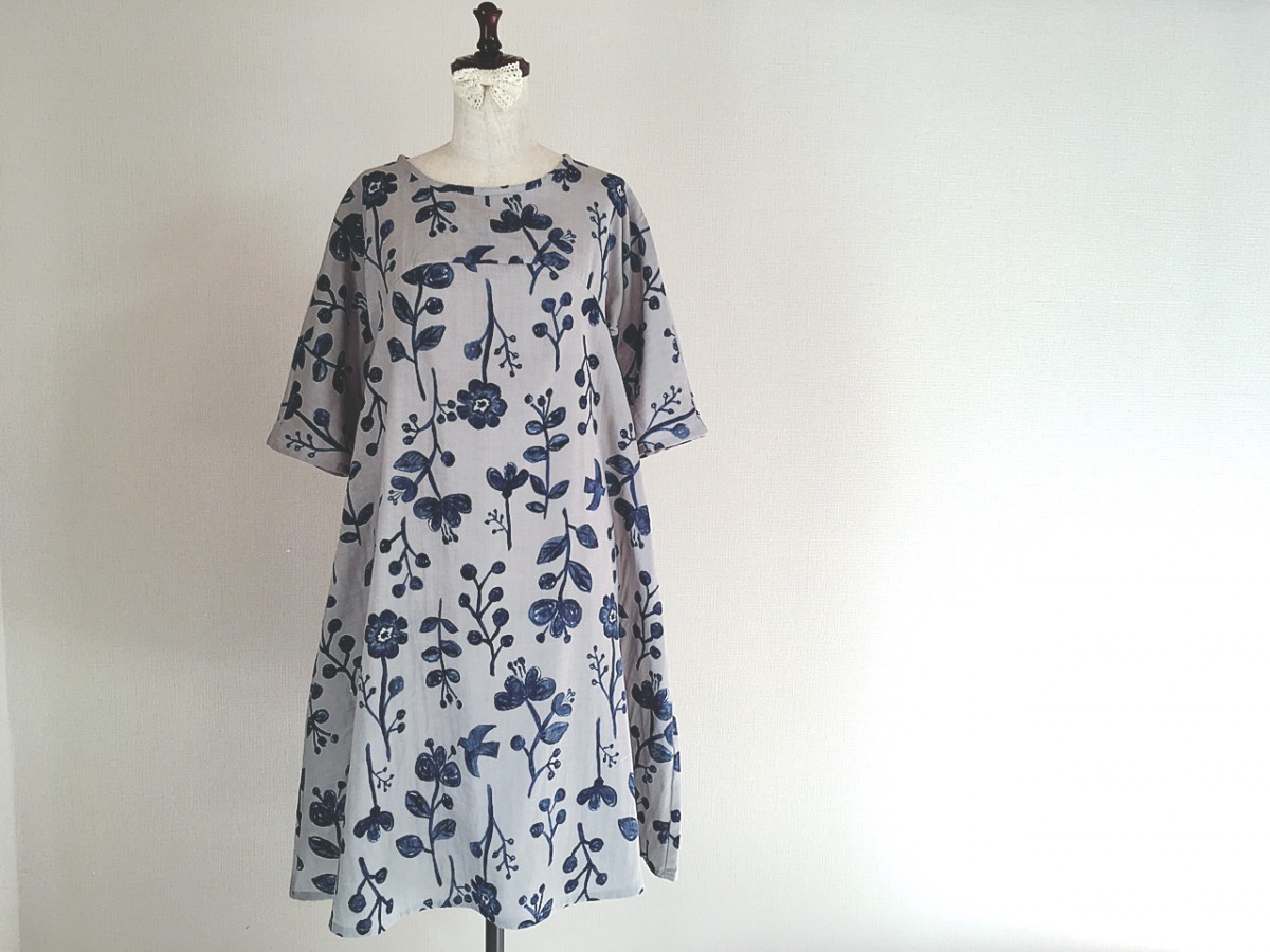 花と鳥 ダブルガーゼのワンピース アッシュグレー Iichi ハンドメイド クラフト作品 手仕事品の通販