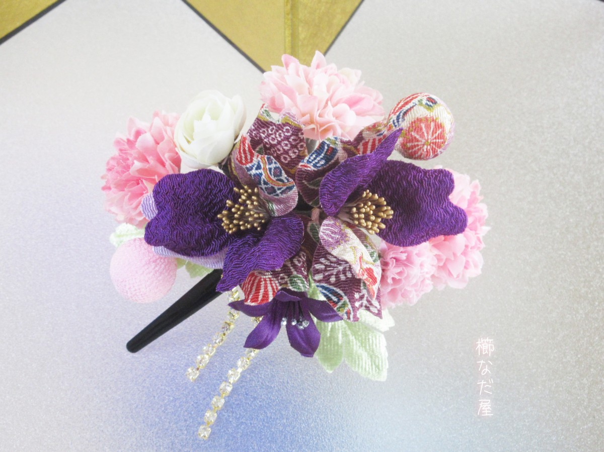 七五三 成人式 和装髪飾り 椿 ちりめん花 紫系 振袖 着物 ヘアクリップ かんざし Iichi ハンドメイド クラフト作品 手仕事品の通販