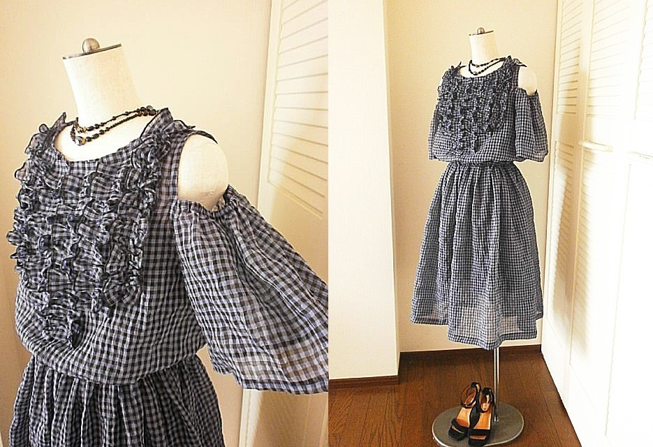 初夏bigセール 丈直し可 シアーワンピース 大人ギンガム オフショルダー ギャザー Op Iichi ハンドメイド クラフト作品 手仕事品の通販