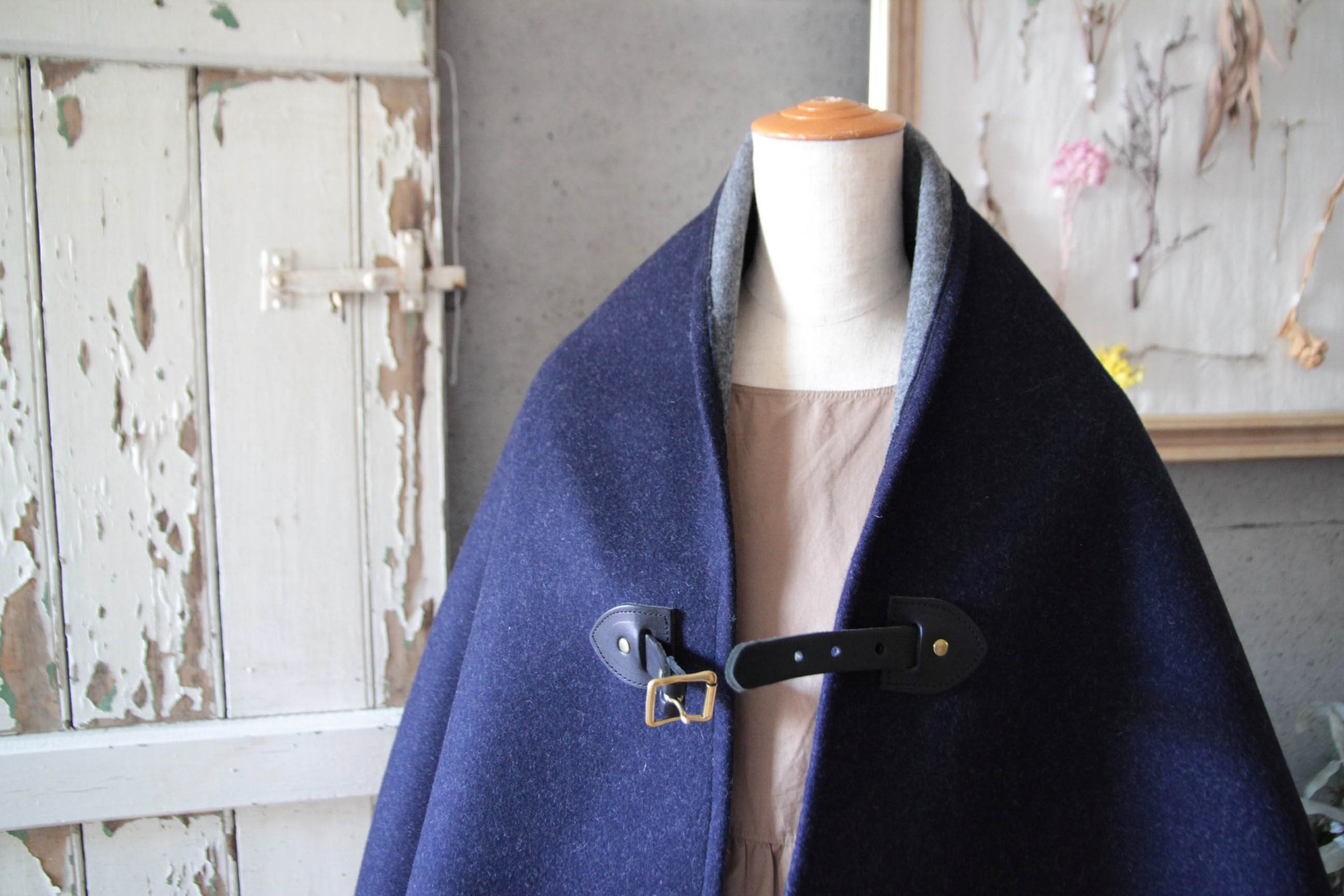 ネイビーxグレー ○二重織りウールポンチョ○ | iichi ハンドメイド 