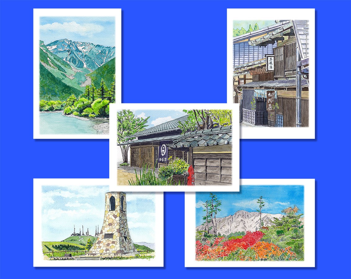 水彩画 長野県の美しい風景a ポストカード5枚組 Iichi ハンドメイド クラフト作品 手仕事品の通販
