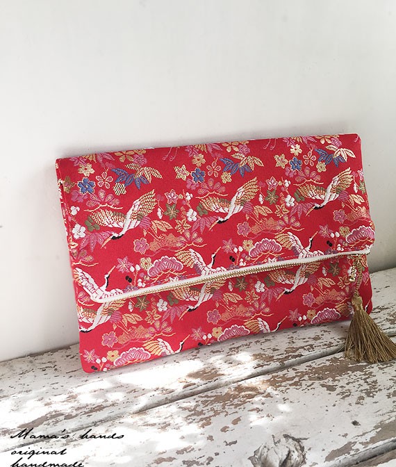 鶴 金らん 赤 高品質 着物 帯 クラッチバック Iichi ハンドメイド クラフト作品 手仕事品の通販