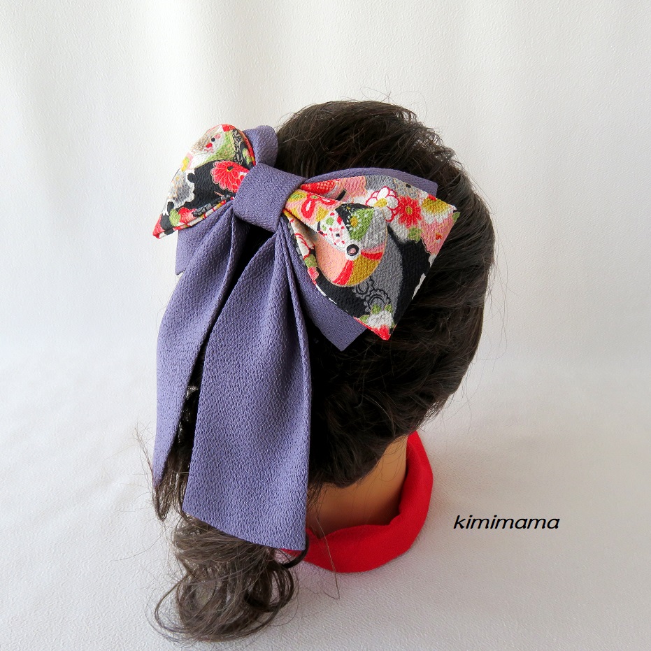 髪飾り 縮緬 Wリボンはいからさん 古典柄 グレー紫 着物 袴 浴衣 卒業式 Iichi ハンドメイド クラフト作品 手仕事品の通販