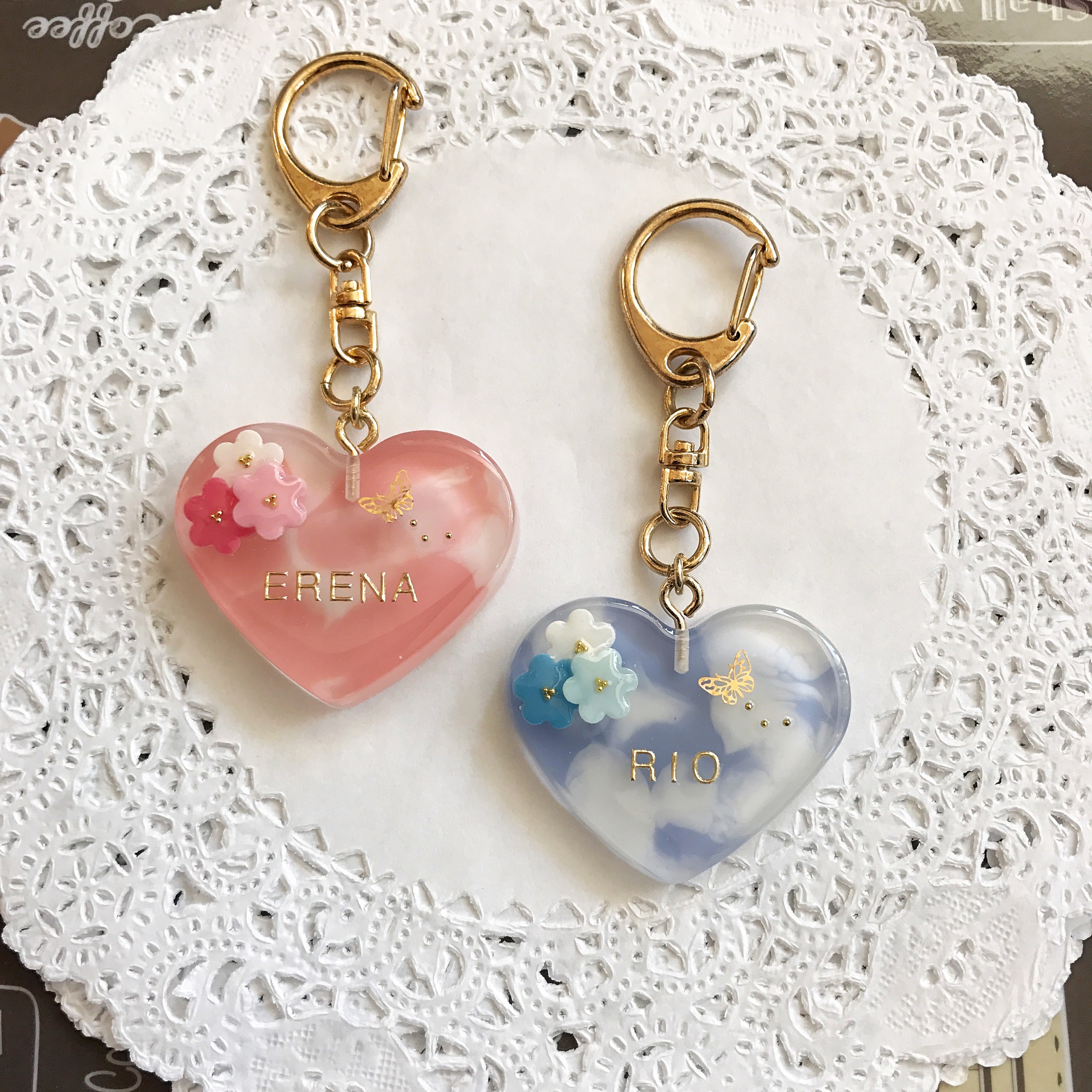 ハンドメイド ハート 花 キーホルダー、バックチャーム