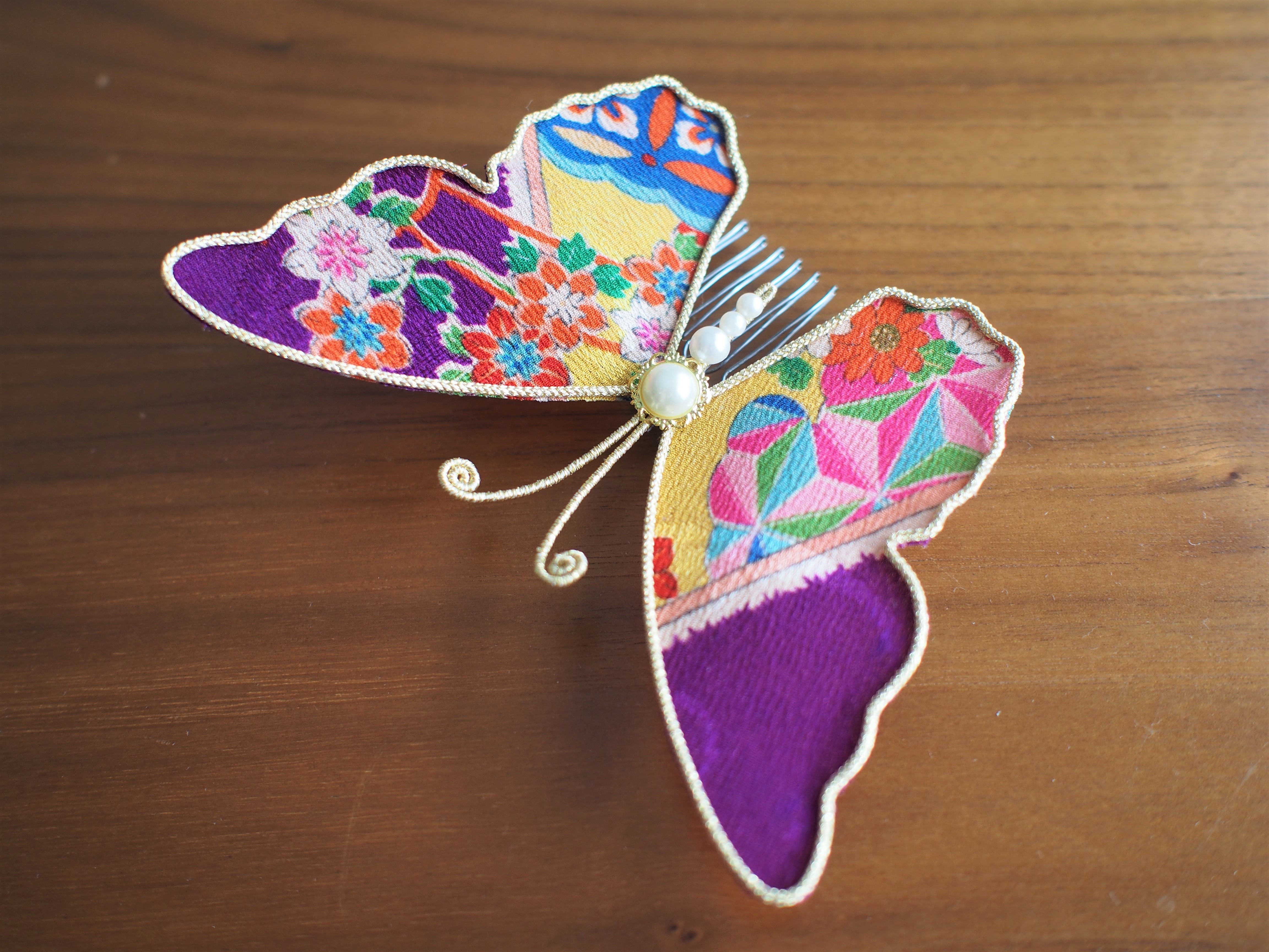 蝶々コーム アンティーク着物生地使用 紫柄 Iichi ハンドメイド クラフト作品 手仕事品の通販