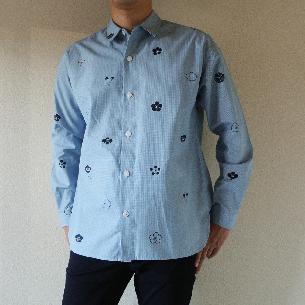メンズ ギンガムチェックシャツ水色 梅家紋 Iichi ハンドメイド クラフト作品 手仕事品の通販