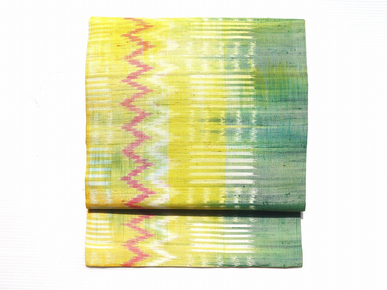 タイシルク黄緑白ライン赤白波柄絣名古屋帯 Iichi ハンドメイド クラフト作品 手仕事品の通販