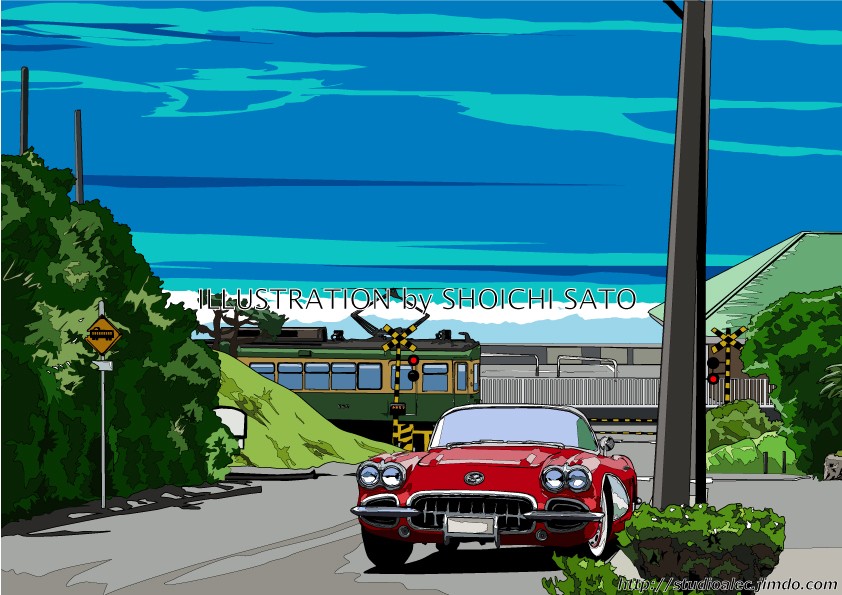 版画作品 湘南イラスト Sevenmile Hills 湘南は七里ヶ浜の海岸線と江ノ電 コルベットを描いたイラスト Iichi ハンドメイド クラフト作品 手仕事品の通販