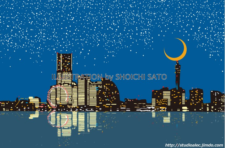 版画作品 横浜イラスト スターライト ハーバー みなとみらい２１の夜景を描いたイラスト Iichi ハンドメイド クラフト作品 手仕事品の通販