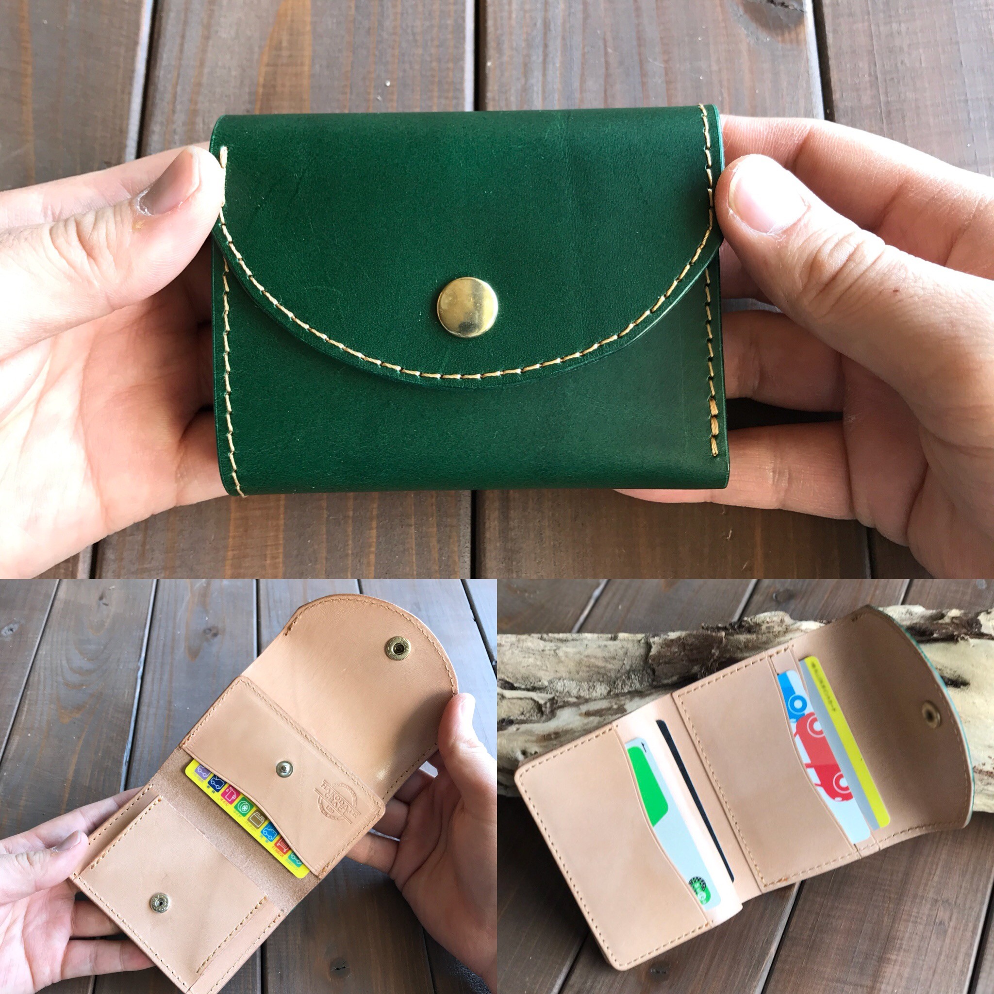 イタリアンレザーを使った緑色の二つ折り財布 送料無料 名入れ可