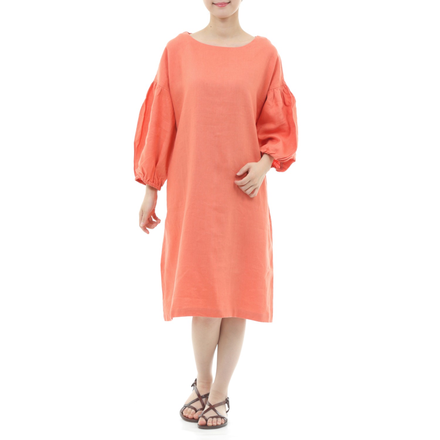 En Enリネン ふんわりゴム袖ストンとワンピース オレンジ Iichi ハンドメイド クラフト作品 手仕事品の通販