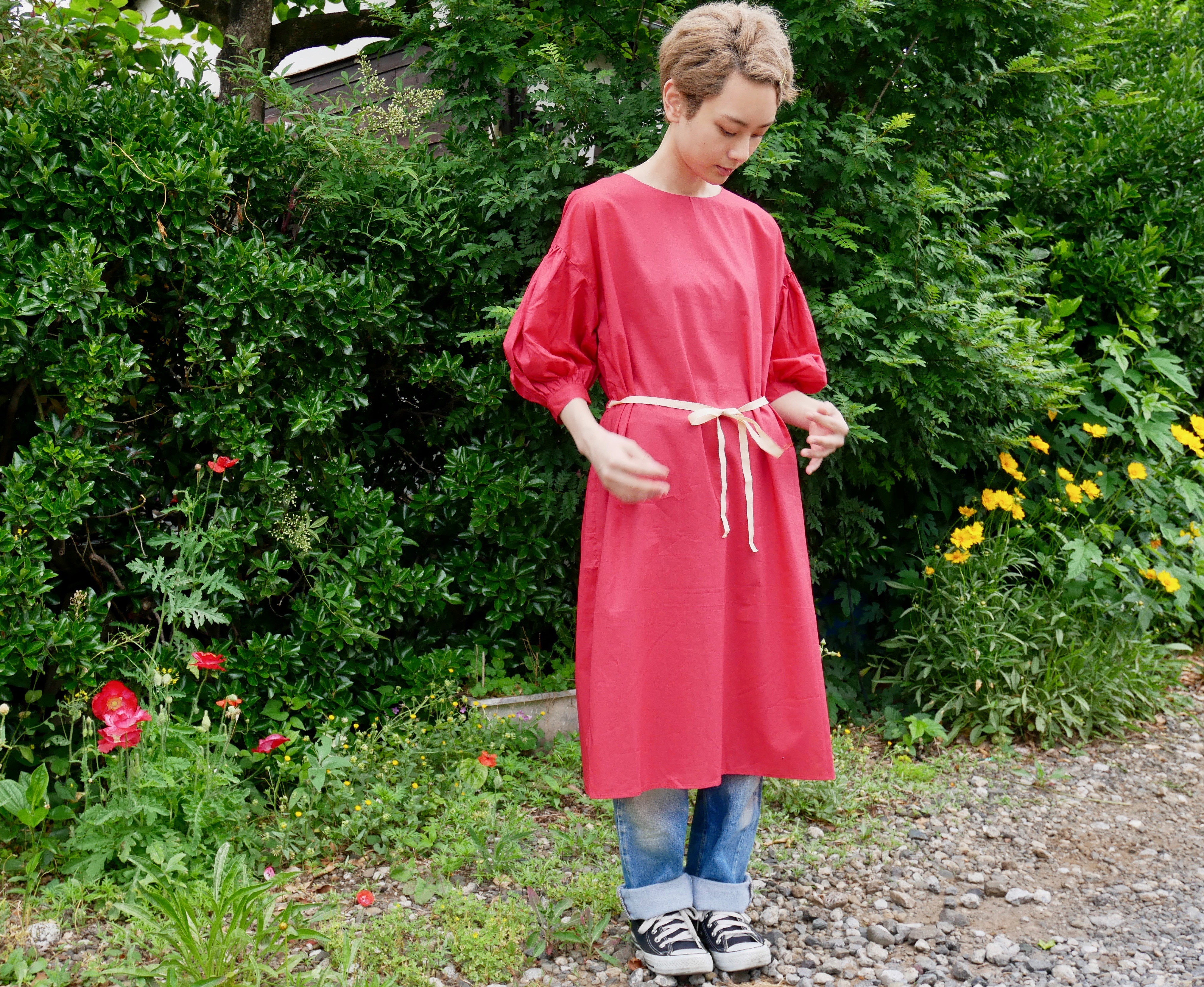 綿ローン ボリュームスリーブ ワンピース Red Iichi ハンドメイド クラフト作品 手仕事品の通販