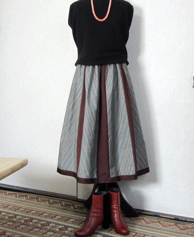 着物リメイク 大島紬 ５マルキ とストライプコラボスカート 裏地付き Iichi ハンドメイド クラフト作品 手仕事品の通販