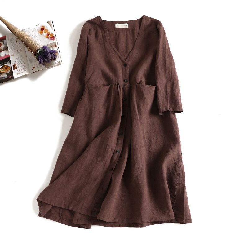 F シンプルだけど差のつくセンスでお洒落も叶えてくれる 麻100 ワンピース 前開き Iichi ハンドメイド クラフト作品 手仕事品の通販