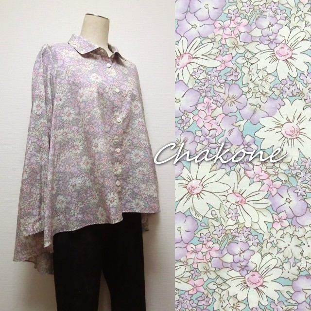 ブラウス ゆったりフレア ブラウス ロングシャツ 長袖 テールカット M 綿ローン Yuwa 花柄 レトロ ヴィンテージ柄 Iichi ハンドメイド クラフト作品 手仕事品の通販