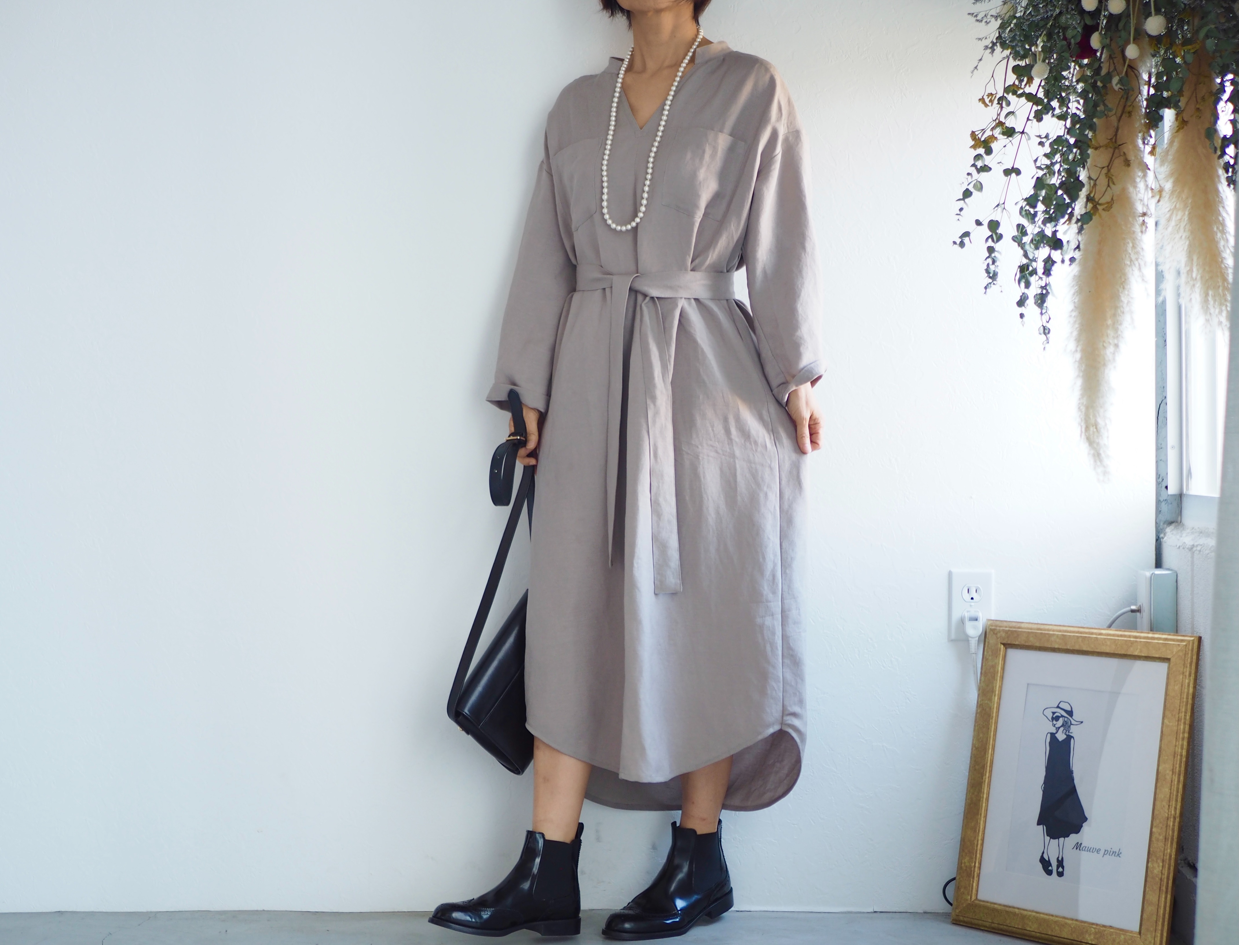 長袖vワンピース グレージュ Iichi ハンドメイド クラフト作品 手仕事品の通販