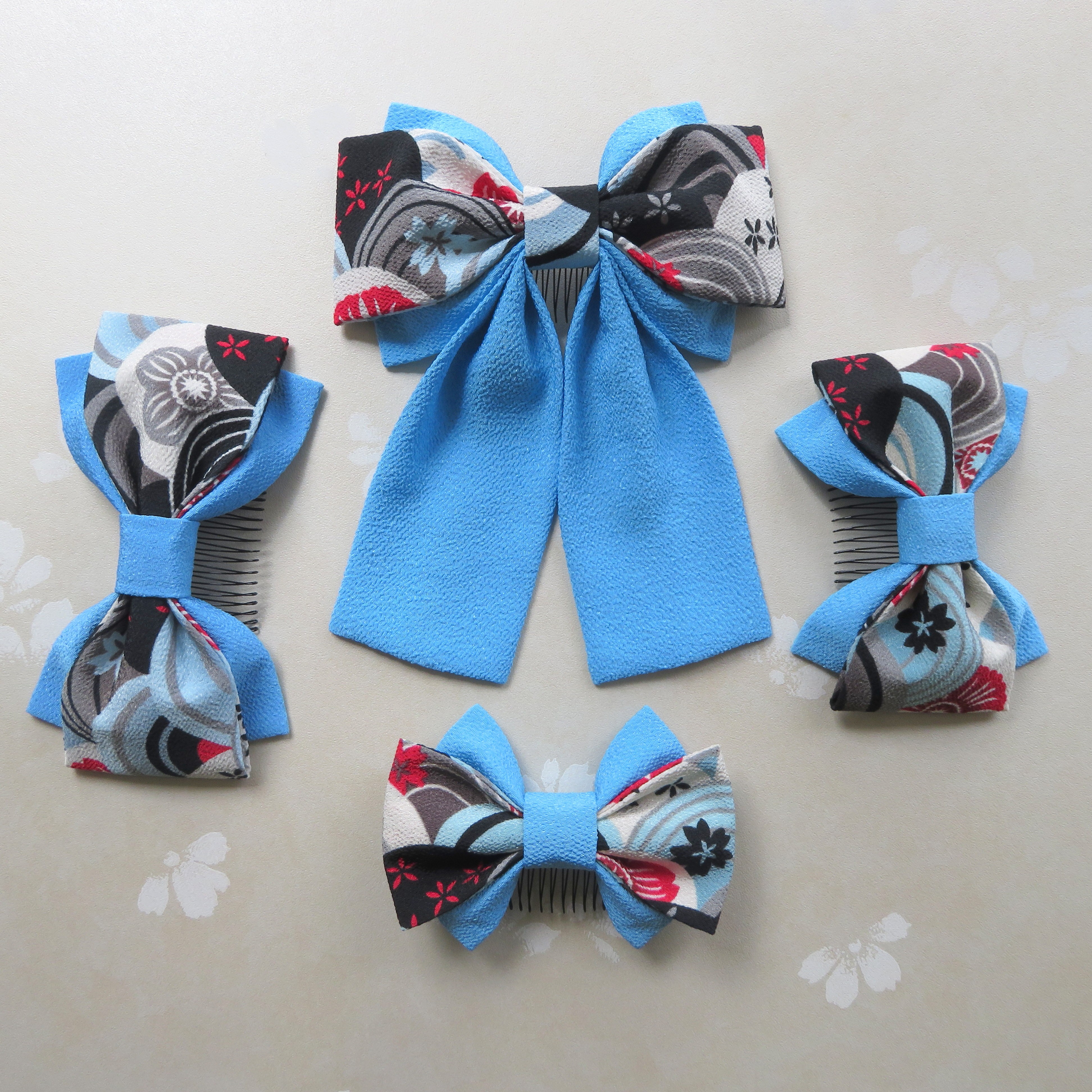 髪飾り 縮緬 Wリボン はいからさん 青海波文様 水色 着物 袴 浴衣 卒業式 和装小物 Iichi ハンドメイド クラフト作品 手仕事品の通販