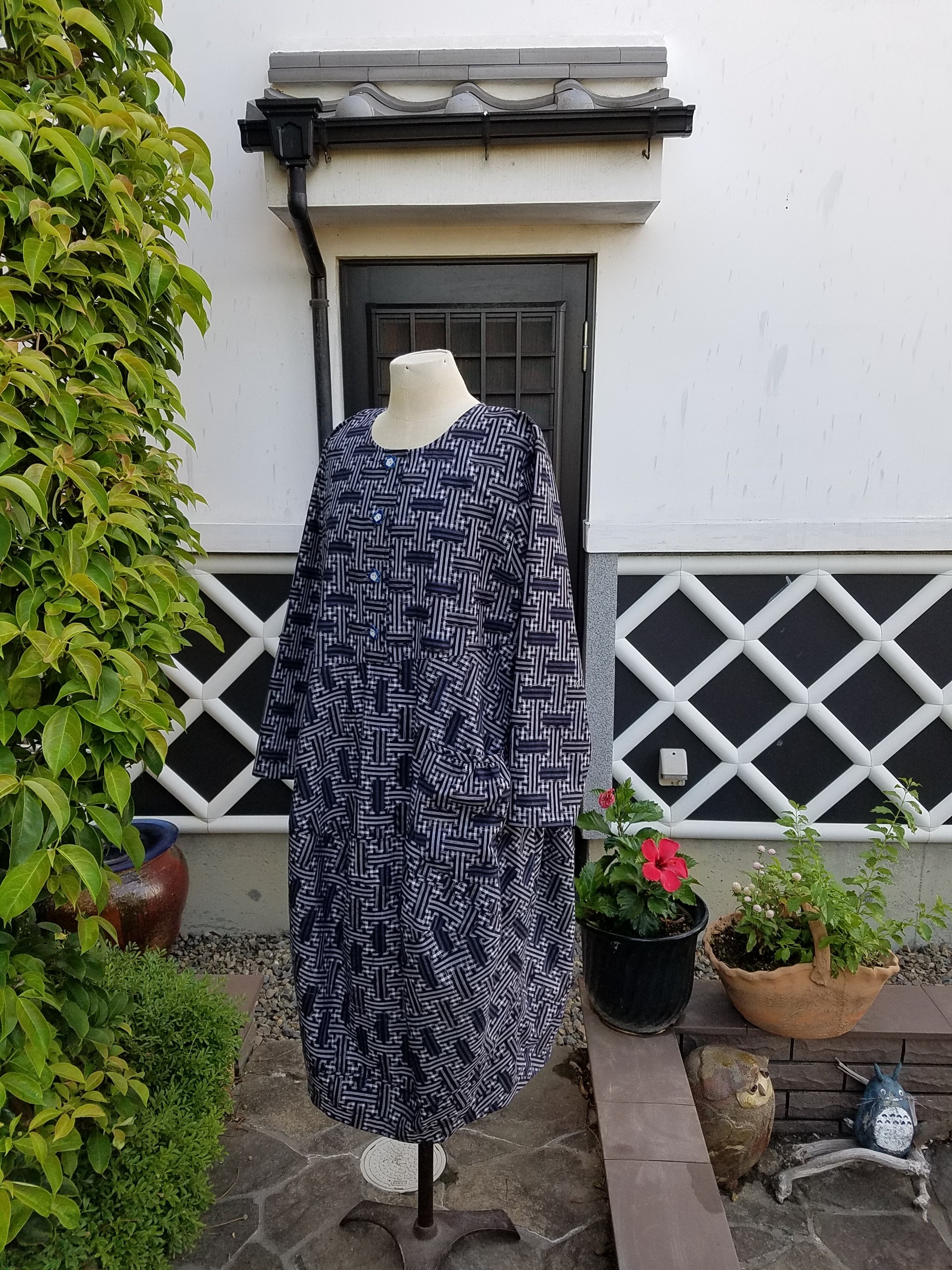 ふるさと納税 木綿久留米絣着物リメイク バルーンスリーブワンピース ハンドメイドｅｍｉ工房 ランキング入賞商品