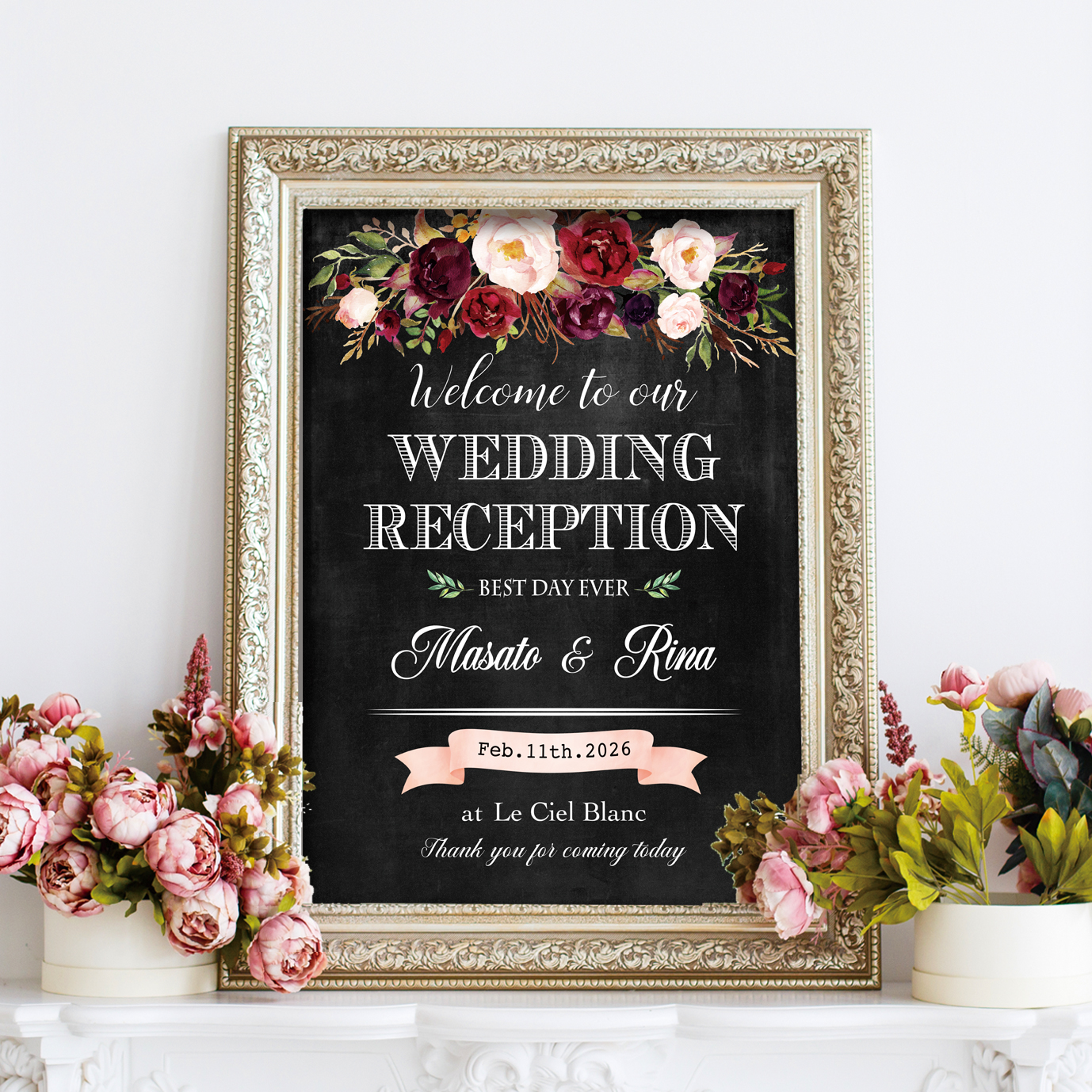 黒板風エレガント水彩花ウェルカムボード結婚式 Iichi ハンドメイド クラフト作品 手仕事品の通販