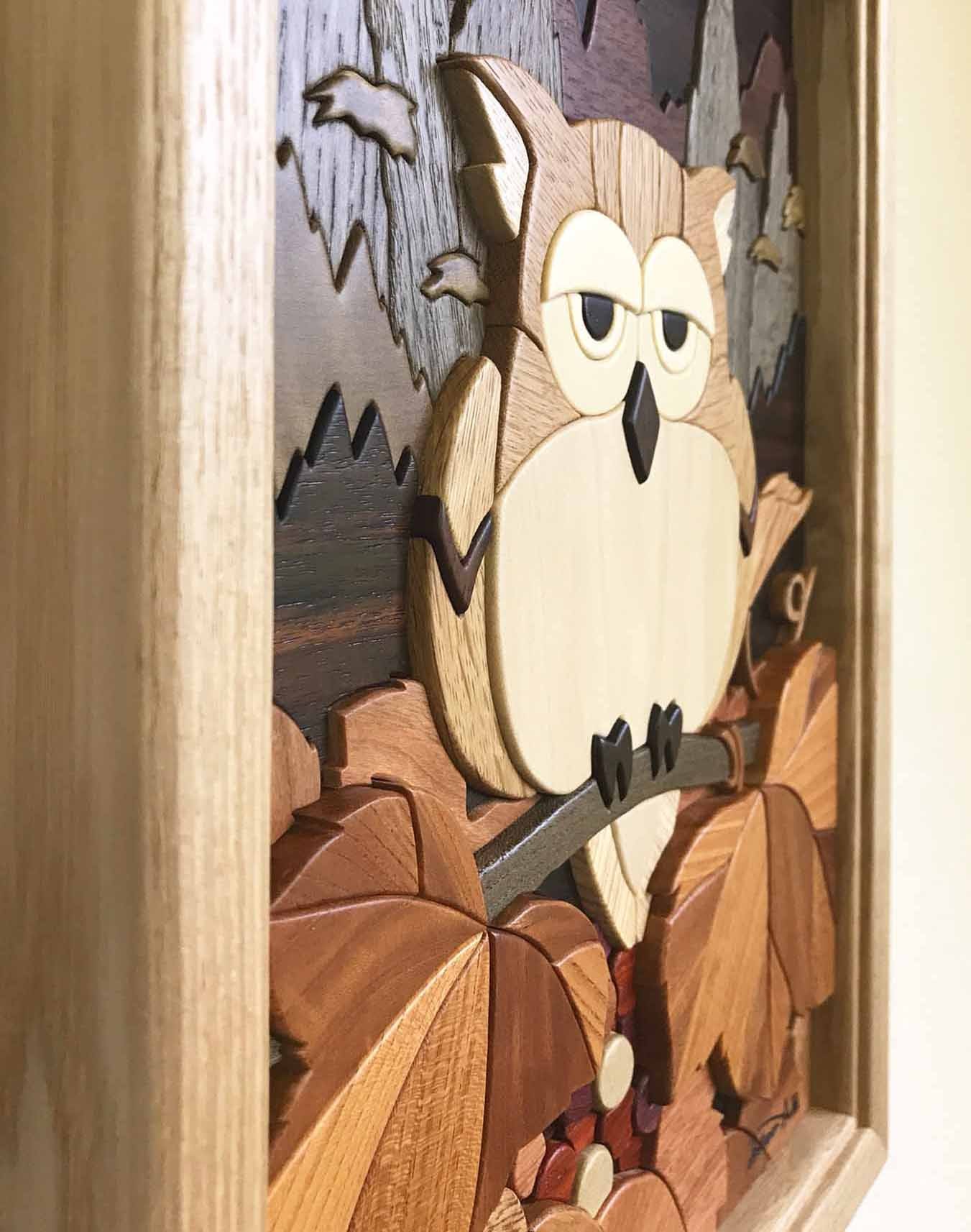 アンティーク レア あさのたかを 木壁画 「月夜のフクロウ