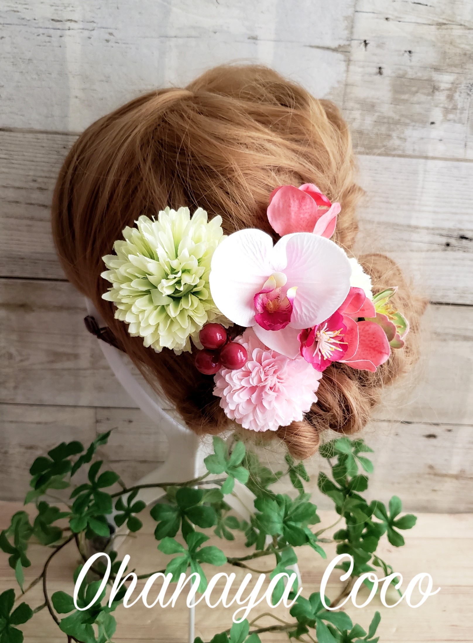甘花 黄緑とサーモンピンクの髪飾り9点set No301 Iichi ハンドメイド クラフト作品 手仕事品の通販