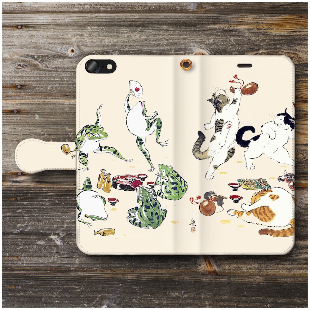 猫と蛙の宴 可愛い スマホケース手帳型 Iphone Xs 全機種 対応 Tpu レザー 名画 Iichi ハンドメイド クラフト作品 手仕事品の通販
