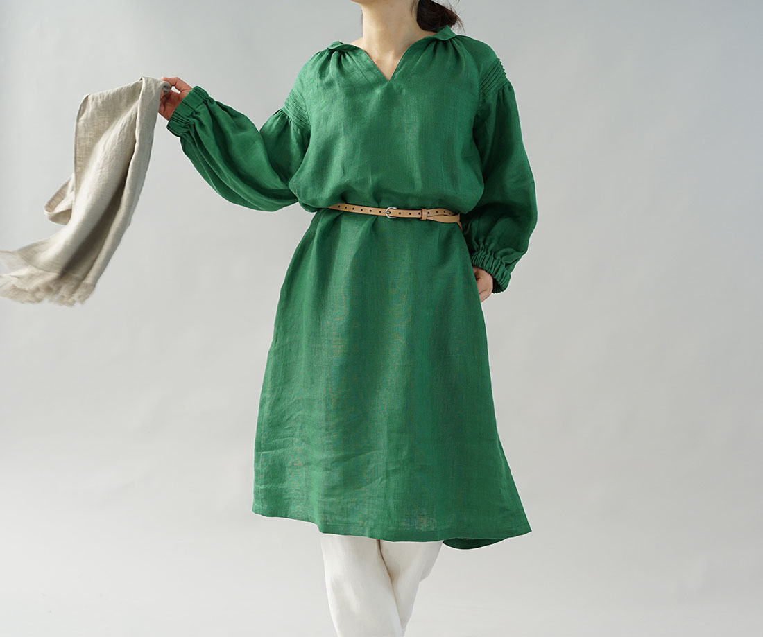 Wafu 中厚 リネンワンピース ふんわりwガーゼ ショールカラー 長袖 マラカイトグリーン A026d Mgn2 Iichi ハンドメイド クラフト作品 手仕事品の通販