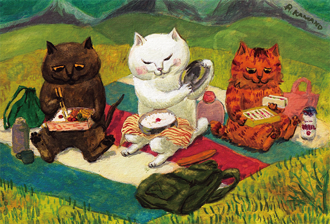 カマノレイコ オリジナル猫ポストカード ひのまる弁当 ２枚セット Iichi ハンドメイド クラフト作品 手仕事品の通販