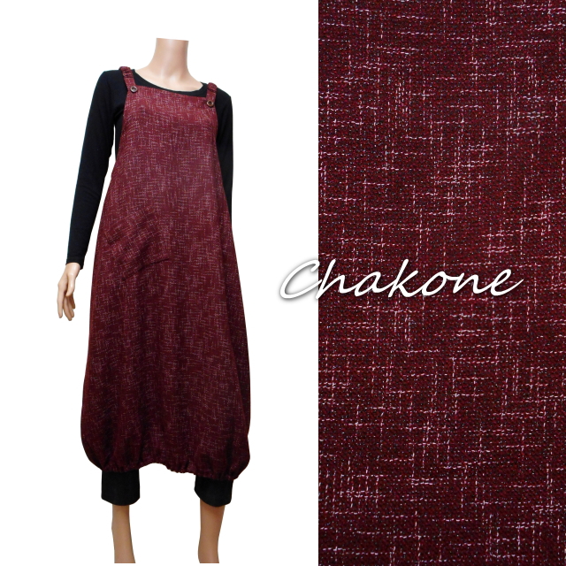 バルーンエプロン ゆったりエプロン ワンピース バルーン コクーン ウール ランダムチェック柄 えんじ色 Iichi ハンドメイド クラフト作品 手仕事品の通販