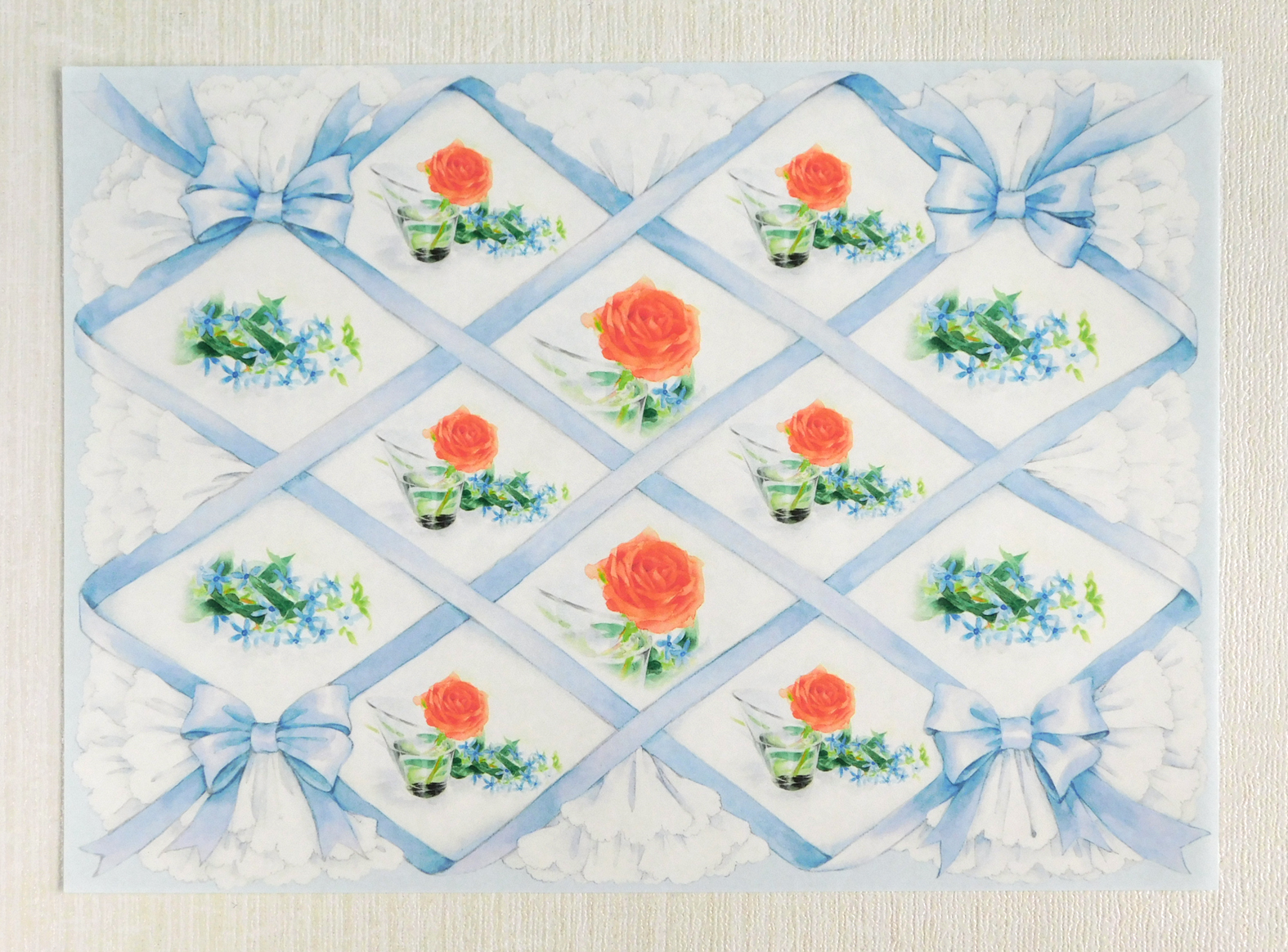 リボン バラとブルースター ラッピングペーパー１０枚 Iichi ハンドメイド クラフト作品 手仕事品の通販