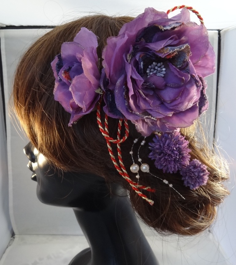 布花 髪飾り4点セット 紫 Iichi ハンドメイド クラフト作品 手仕事品の通販