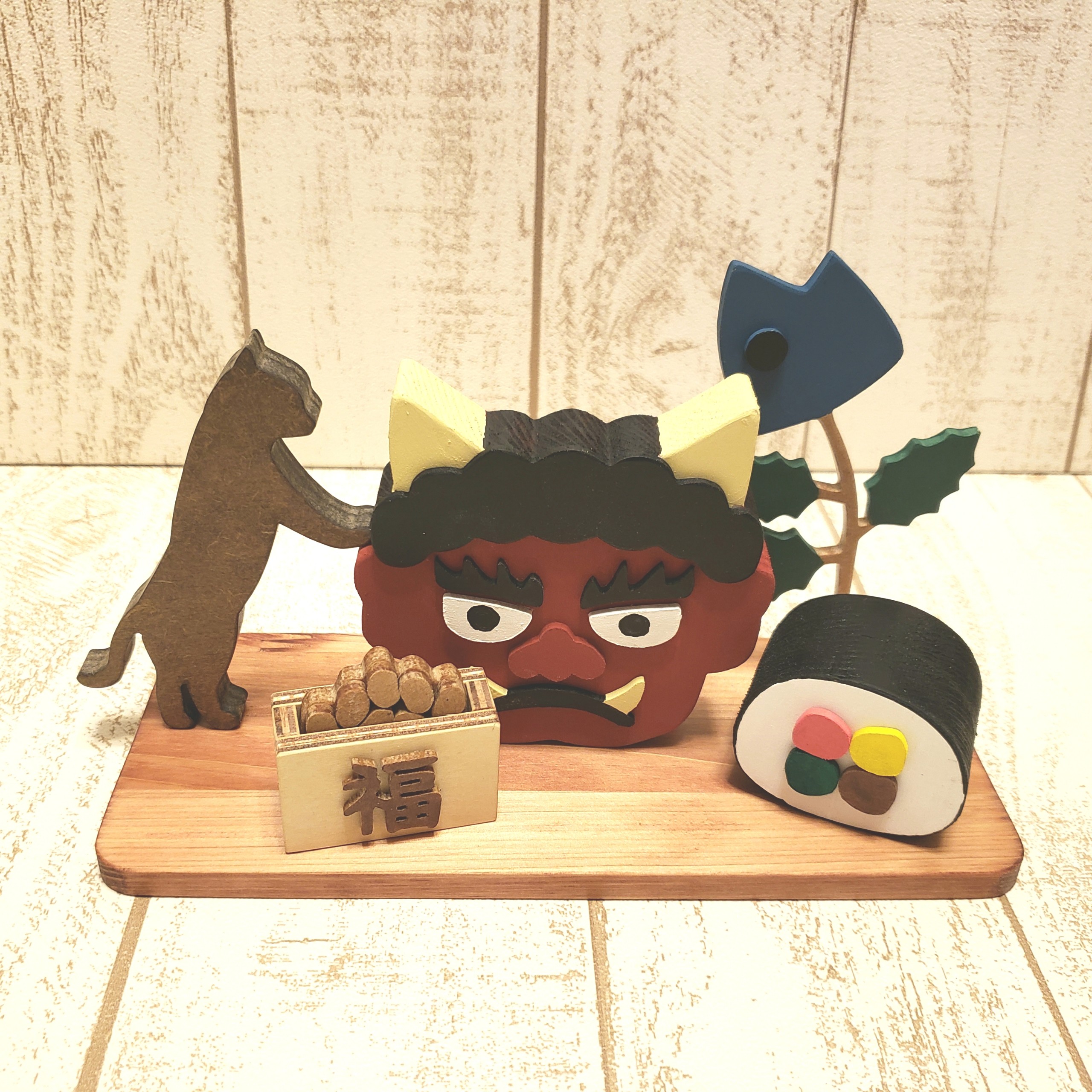 赤鬼 猫と節分の置物 豆まき 恵方巻き 柊鰯 動物の変更も色変更も可能 Iichi ハンドメイド クラフト作品 手仕事品の通販