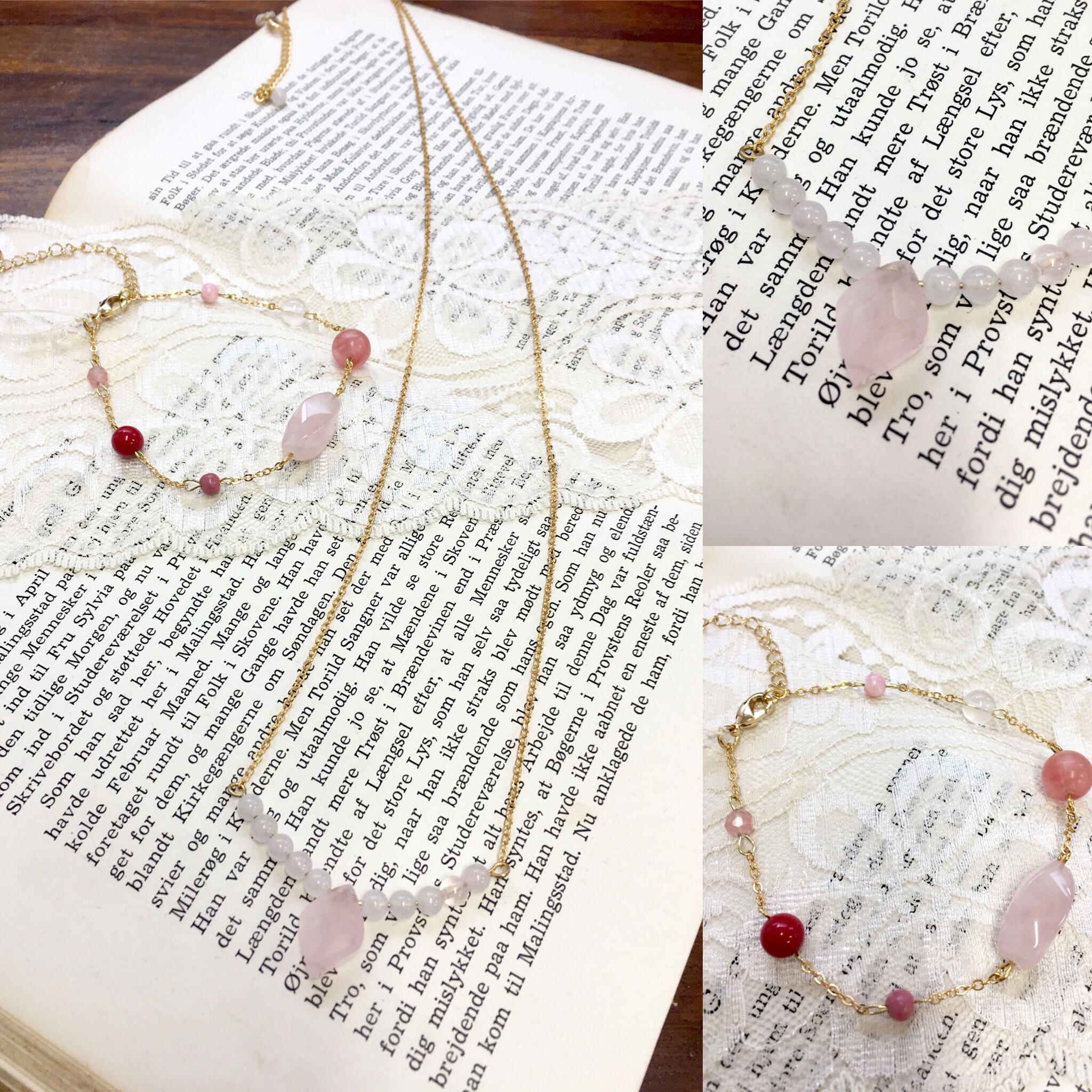 秋のアクセサリー福袋 可愛いらしい天然石ネックレス 天然石ブレスレットの2点セット ピンク赤 Iichi ハンドメイド クラフト作品 手仕事品の通販