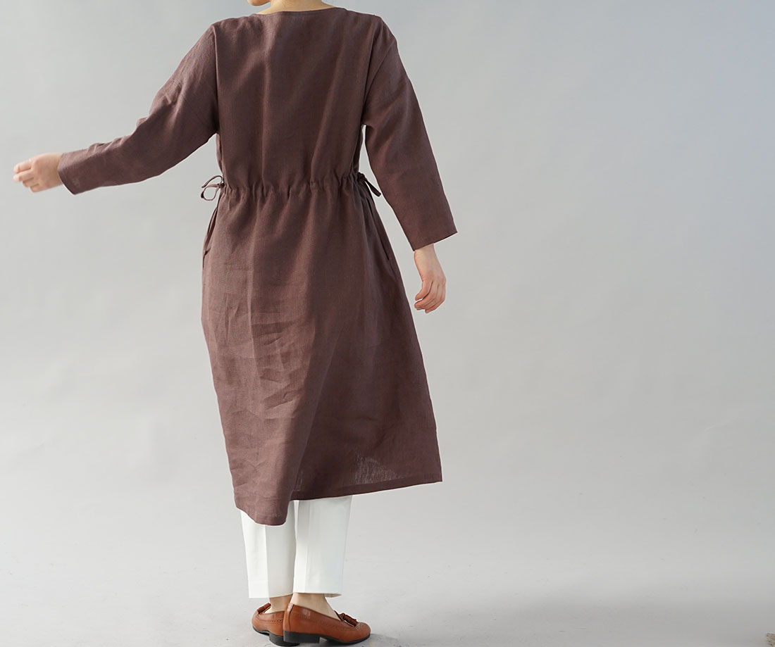 Wafu 中厚 リネンワンピース ブラウジング ドロップショルダー 長袖 ドレス 小豆色 A012b Azk2 Iichi ハンドメイド クラフト作品 手仕事品の通販
