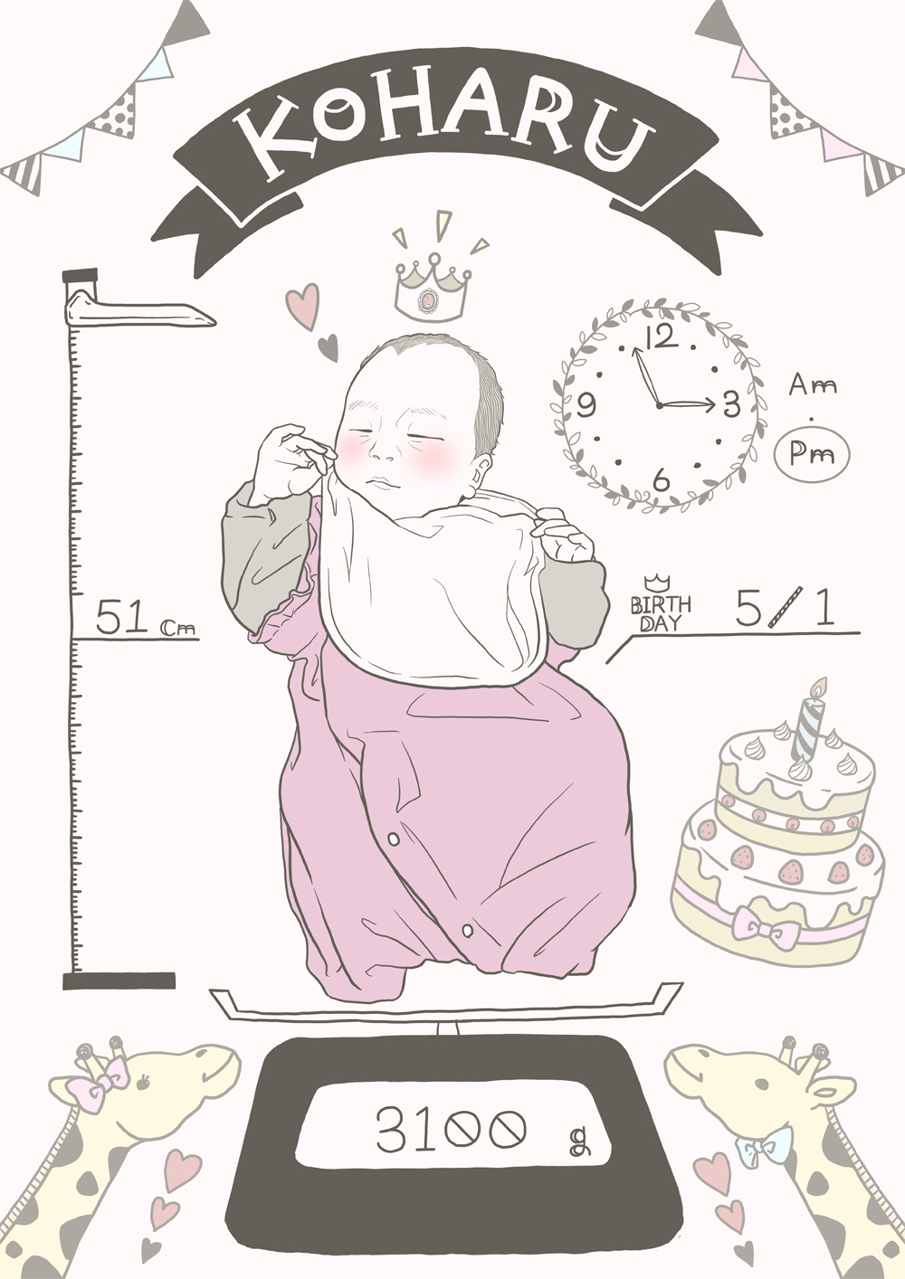 手書き 赤ちゃん 似顔絵 バースデーボード メモリアルボード Iichi