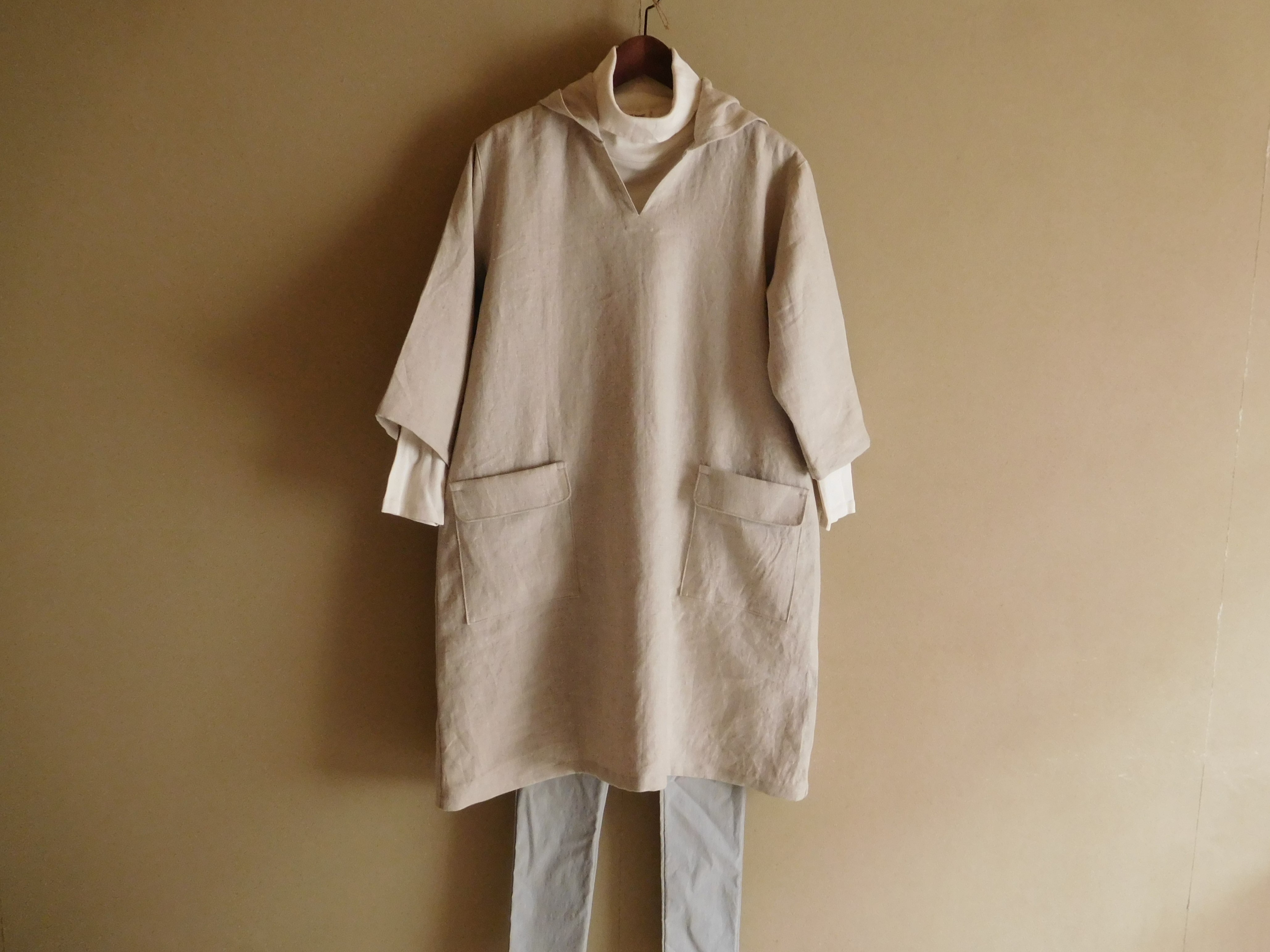 リネンのパーカーワンピース きなり Iichi ハンドメイド クラフト作品 手仕事品の通販