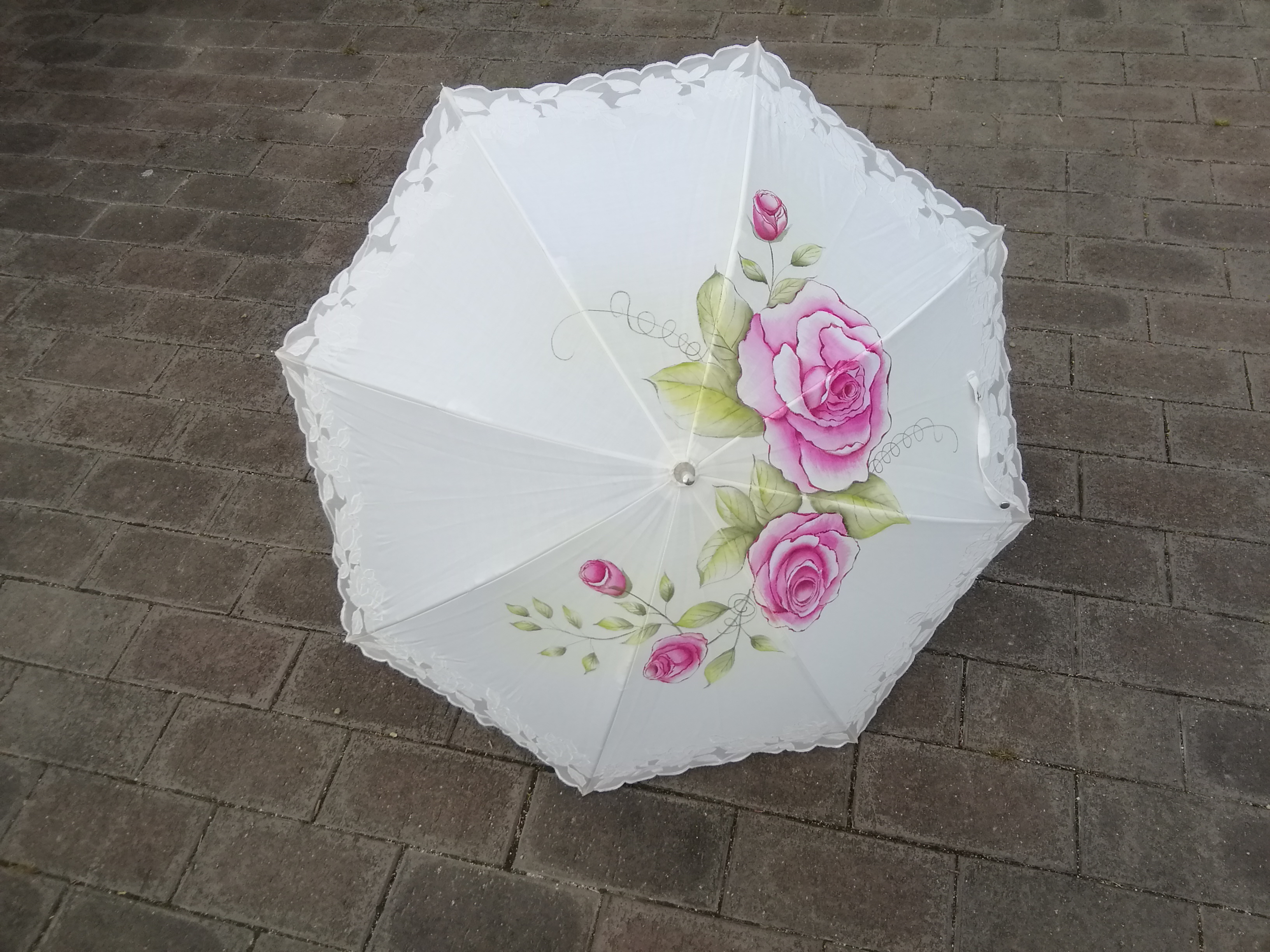 華やぐひととき エレガントなピンクローズ カットレース傘 Uv対策 晴雨兼用 ハンドペイントの薔薇 Iichi ハンドメイド クラフト作品 手仕事品の通販