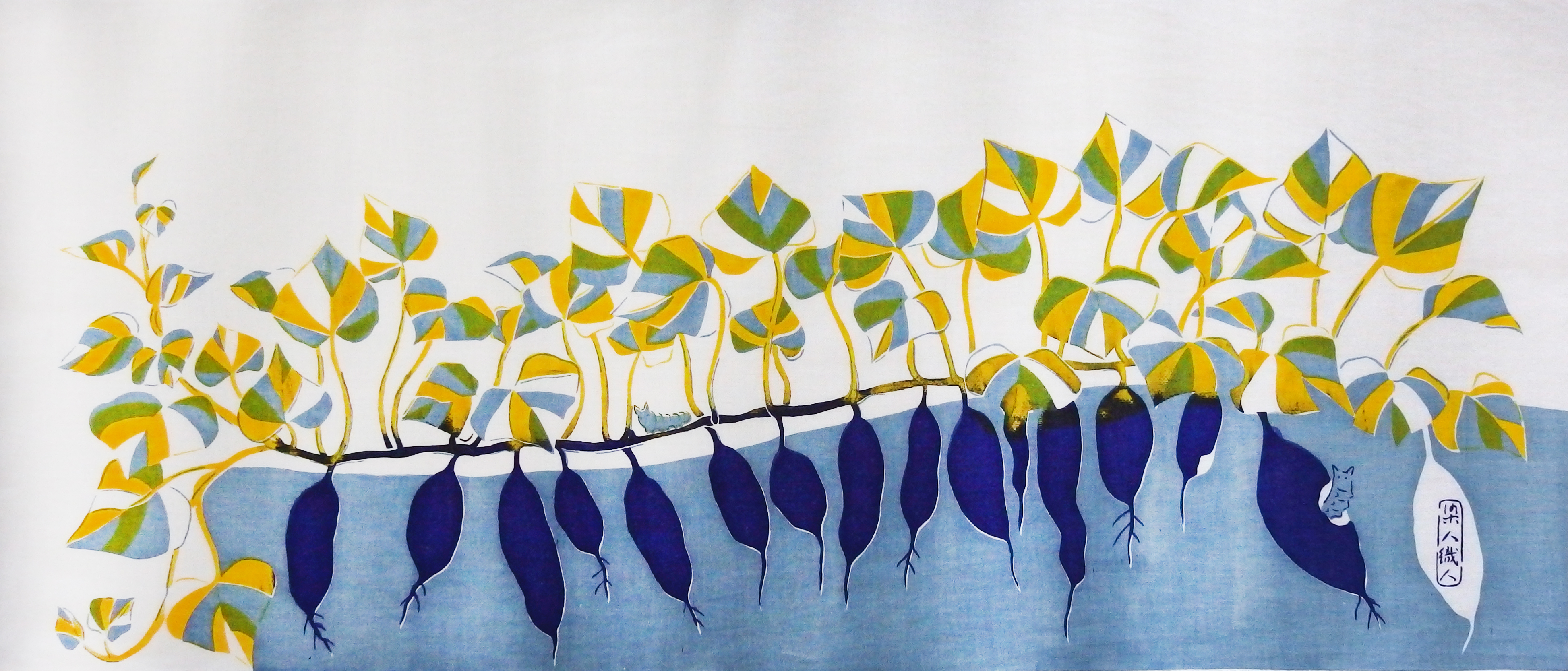 再販 型染めてぬぐい いもとむし 青紫 綿100 手染め捺染 Iichi ハンドメイド クラフト作品 手仕事品の通販