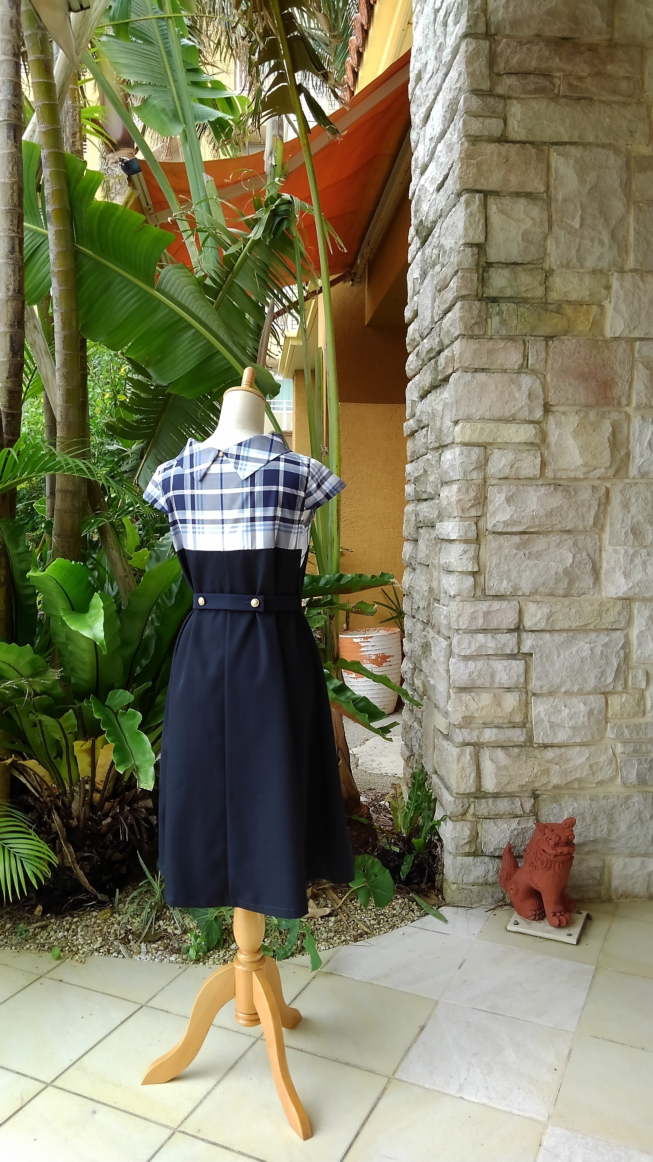 ｍ キャップスリーブ 英国調チェック ネイビー ツートン ロールカラー クラシカルワンピース Iichi ハンドメイド クラフト作品 手仕事品の通販