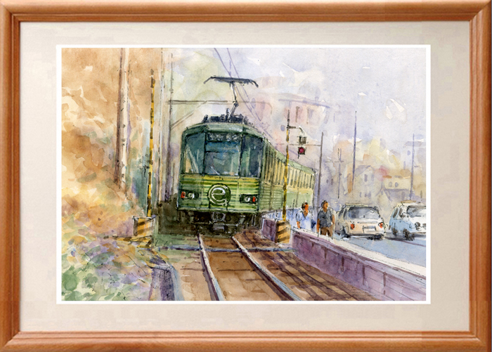 水彩画原画 江ノ電 新パッケージ電車 Iichi ハンドメイド クラフト作品 手仕事品の通販