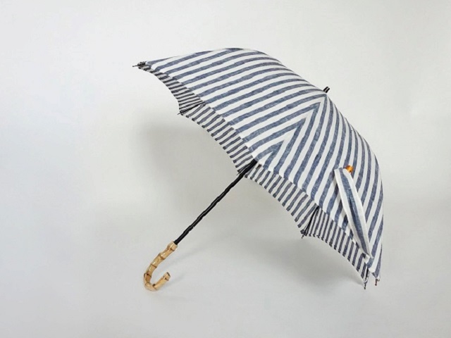 バンブー持ち手リネン日傘2段階調節 ストライプブルー Iichi ハンドメイド クラフト作品 手仕事品の通販