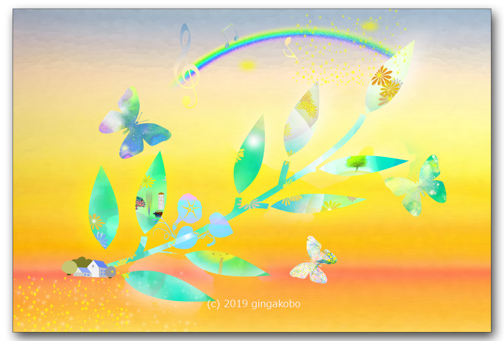 虹と蝶 ほっこり癒しのイラストポストカード2枚組no 754 Iichi