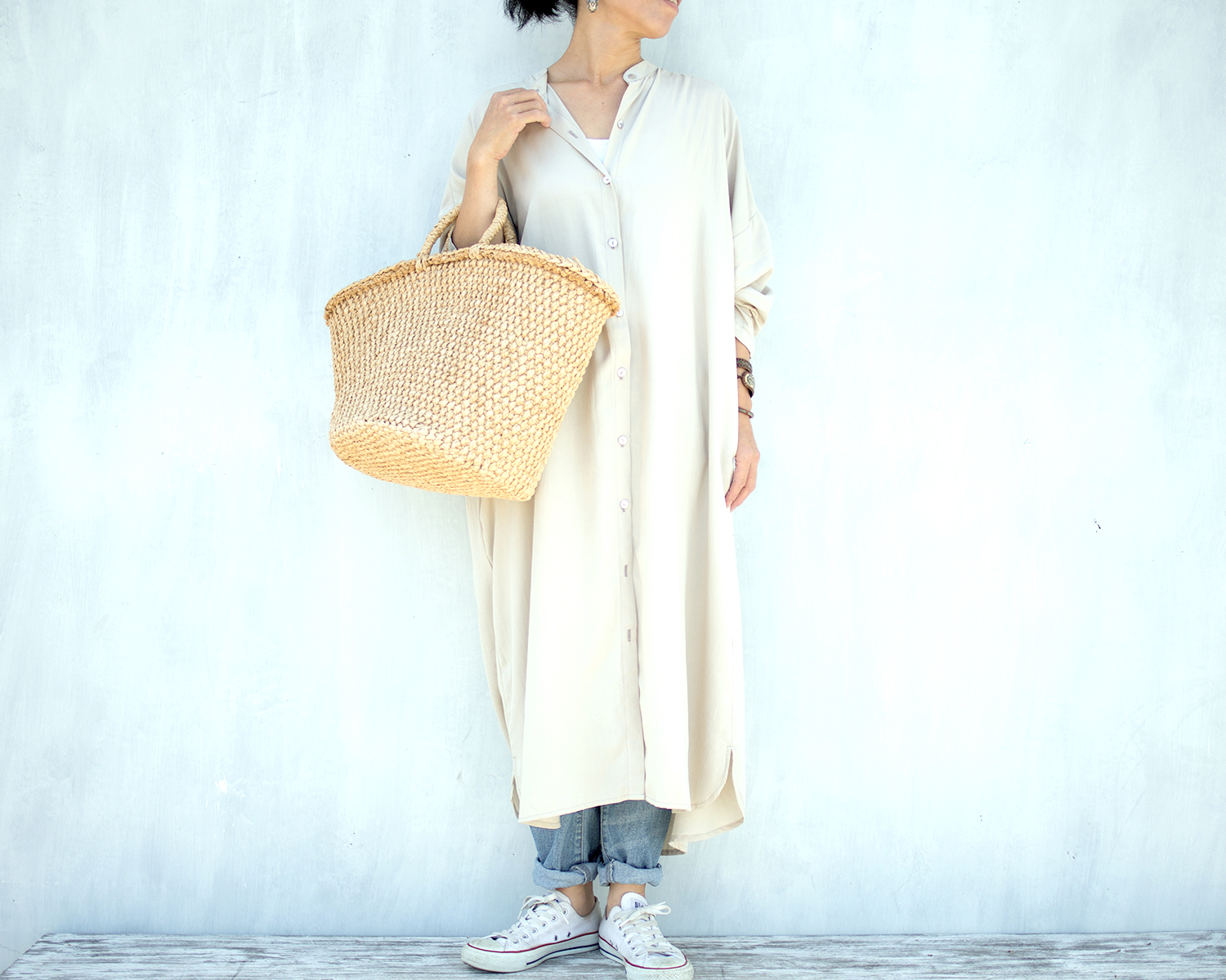 レーヨンスタンドカラーシャツワンピース ベージュ Iichi ハンドメイド クラフト作品 手仕事品の通販