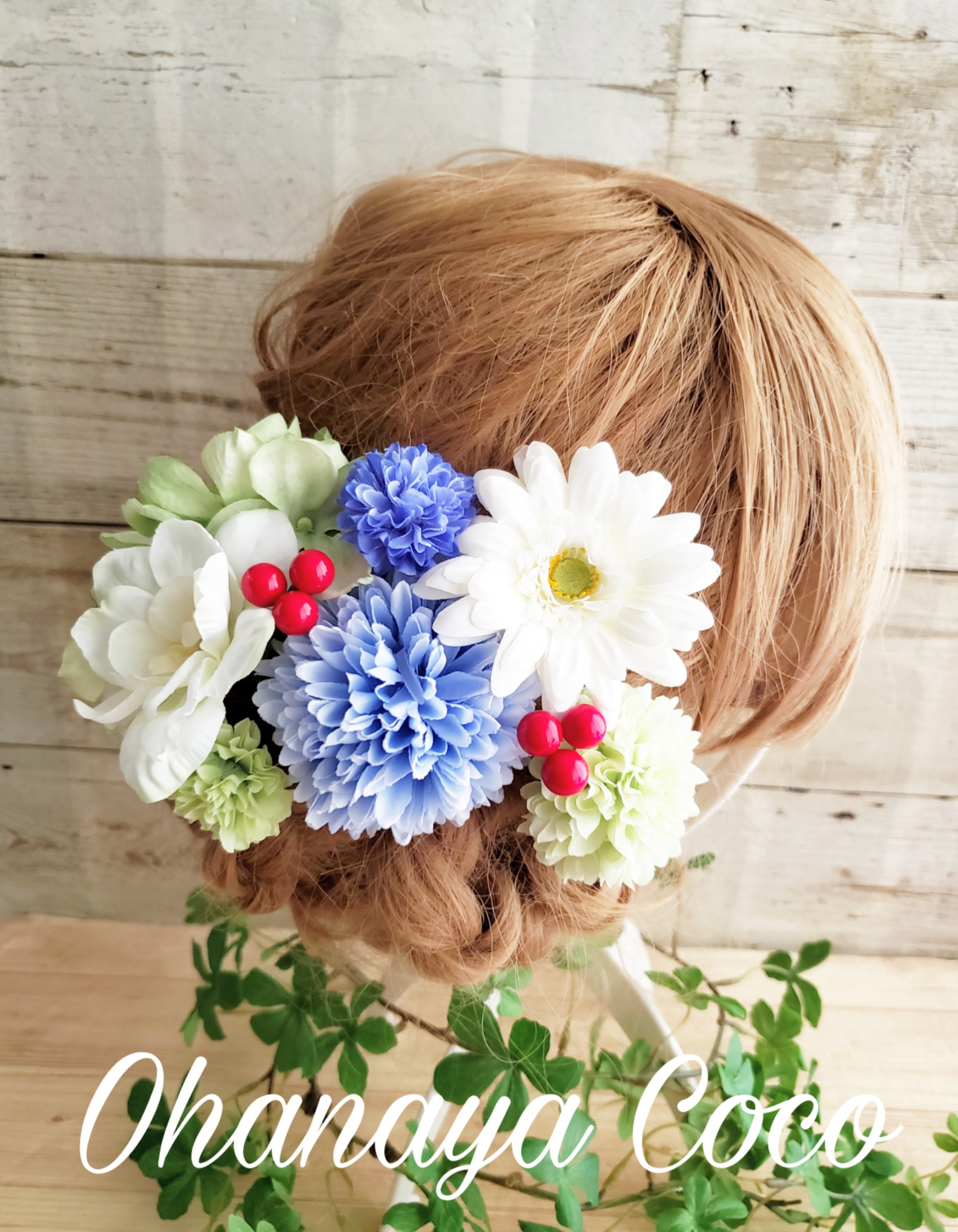 真っ白ガーベラとグリーン紫陽花の髪飾り9点set No497 Iichi ハンドメイド クラフト作品 手仕事品の通販