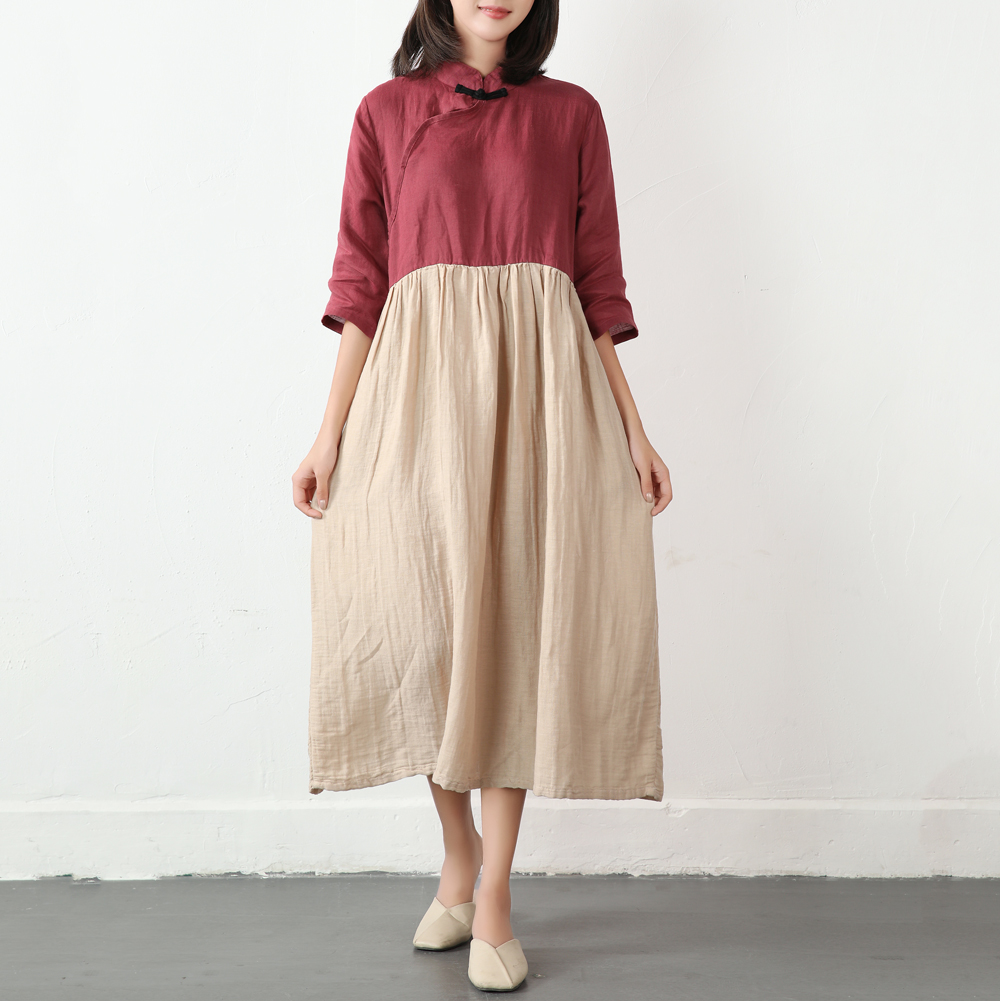 ワイン酒色 ベージュ 綿麻生地 七分袖 ふんわりワンピース チャイナボタン Iichi ハンドメイド クラフト作品 手仕事品の通販