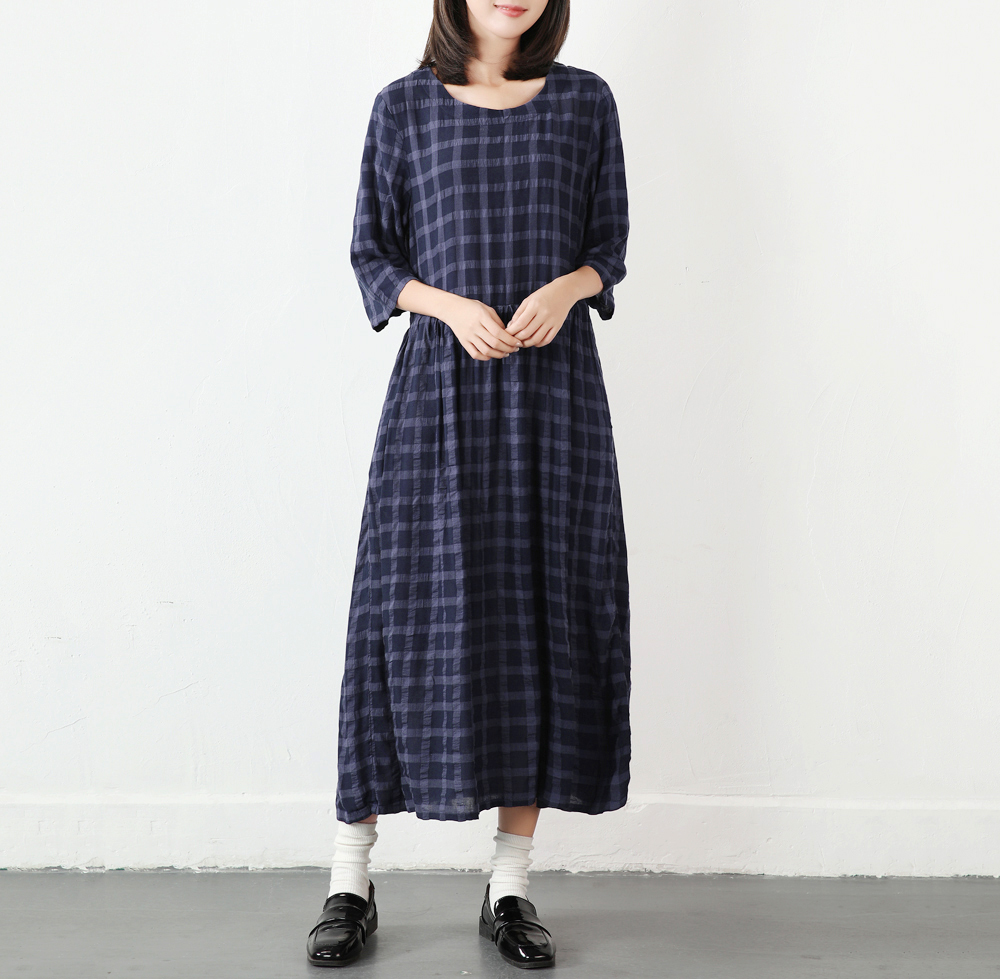 紺色 ゆったりしたワンピース ストライプ柄 きチェック柄 夏 Iichi ハンドメイド クラフト作品 手仕事品の通販