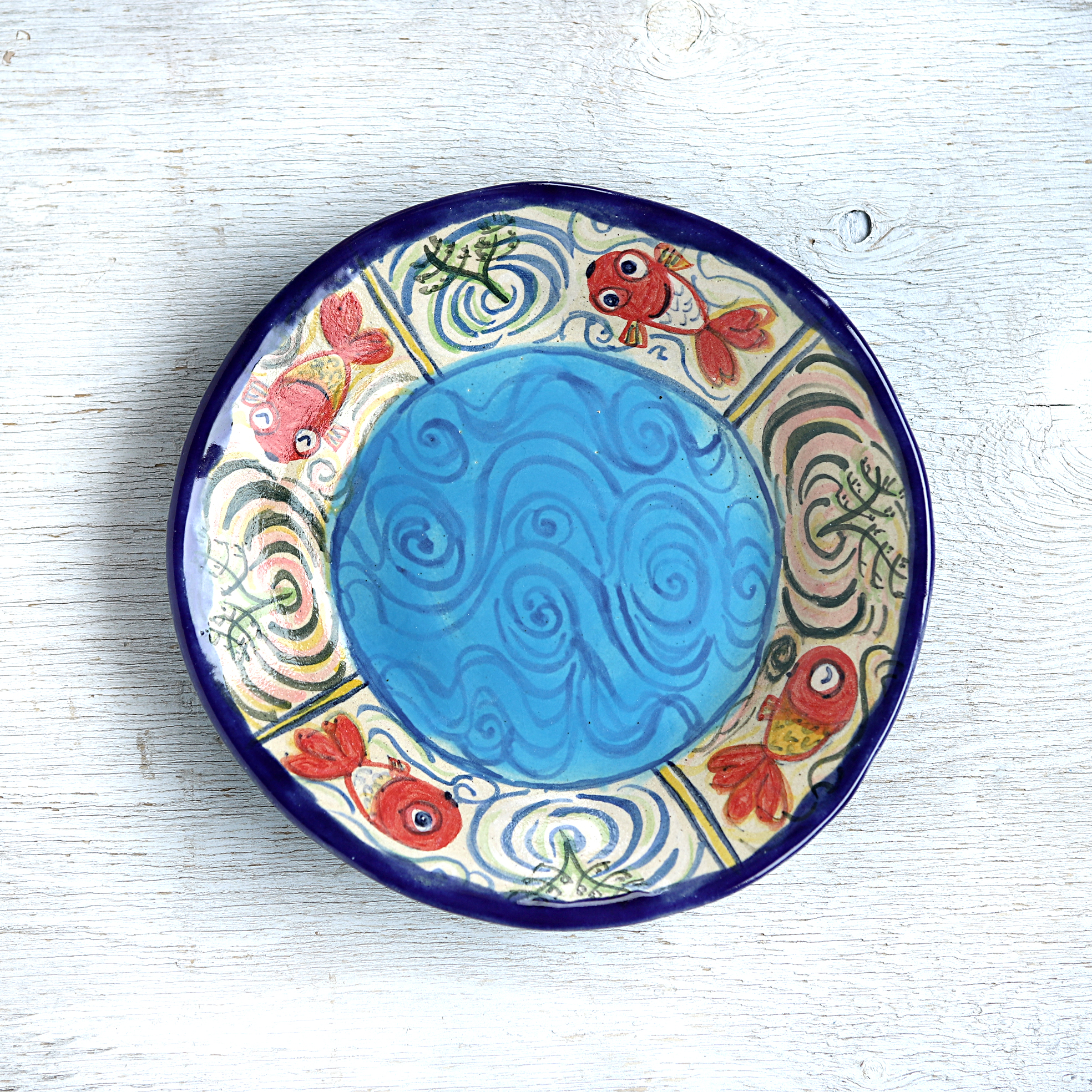 楽し気な金魚絵の丸い深皿 ブルー Iichi ハンドメイド クラフト作品 手仕事品の通販