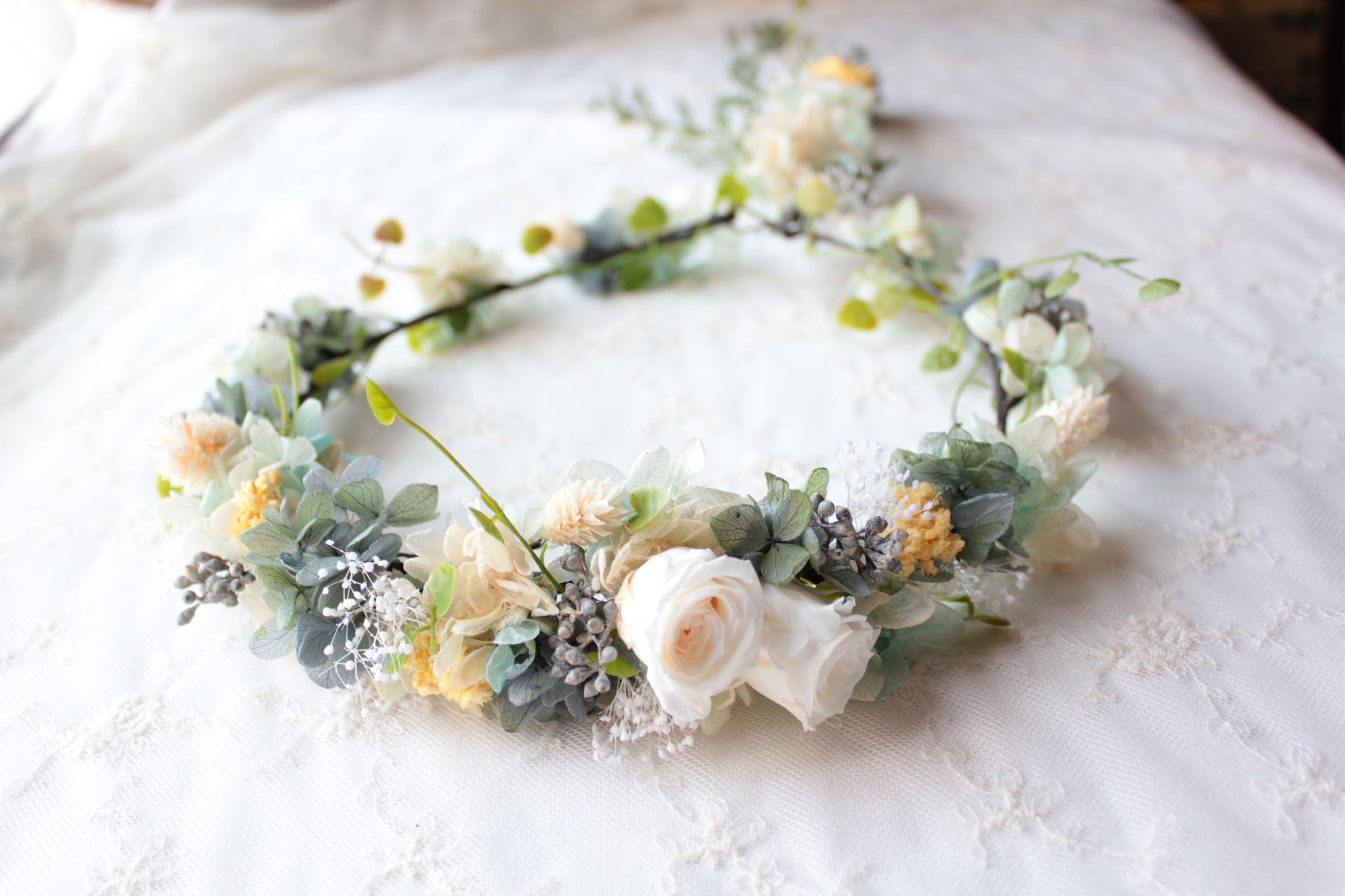 アンティークブルー ホワイトの花冠 プリザーブドフラワー ウェディング Iichi ハンドメイド クラフト作品 手仕事品の通販