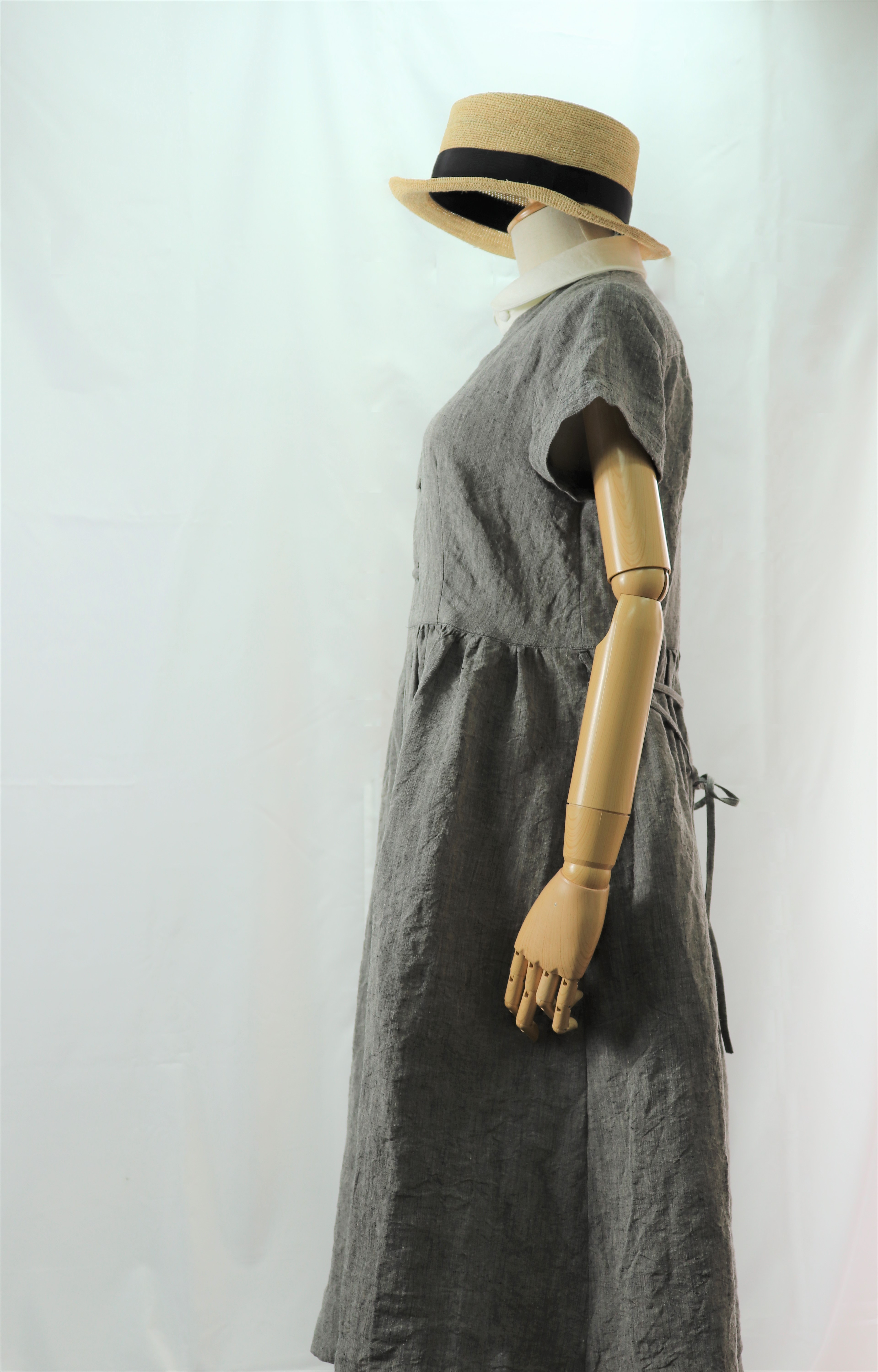 ウェスト切り替え半袖ワンピース シャンブレーブラック Iichi ハンドメイド クラフト作品 手仕事品の通販